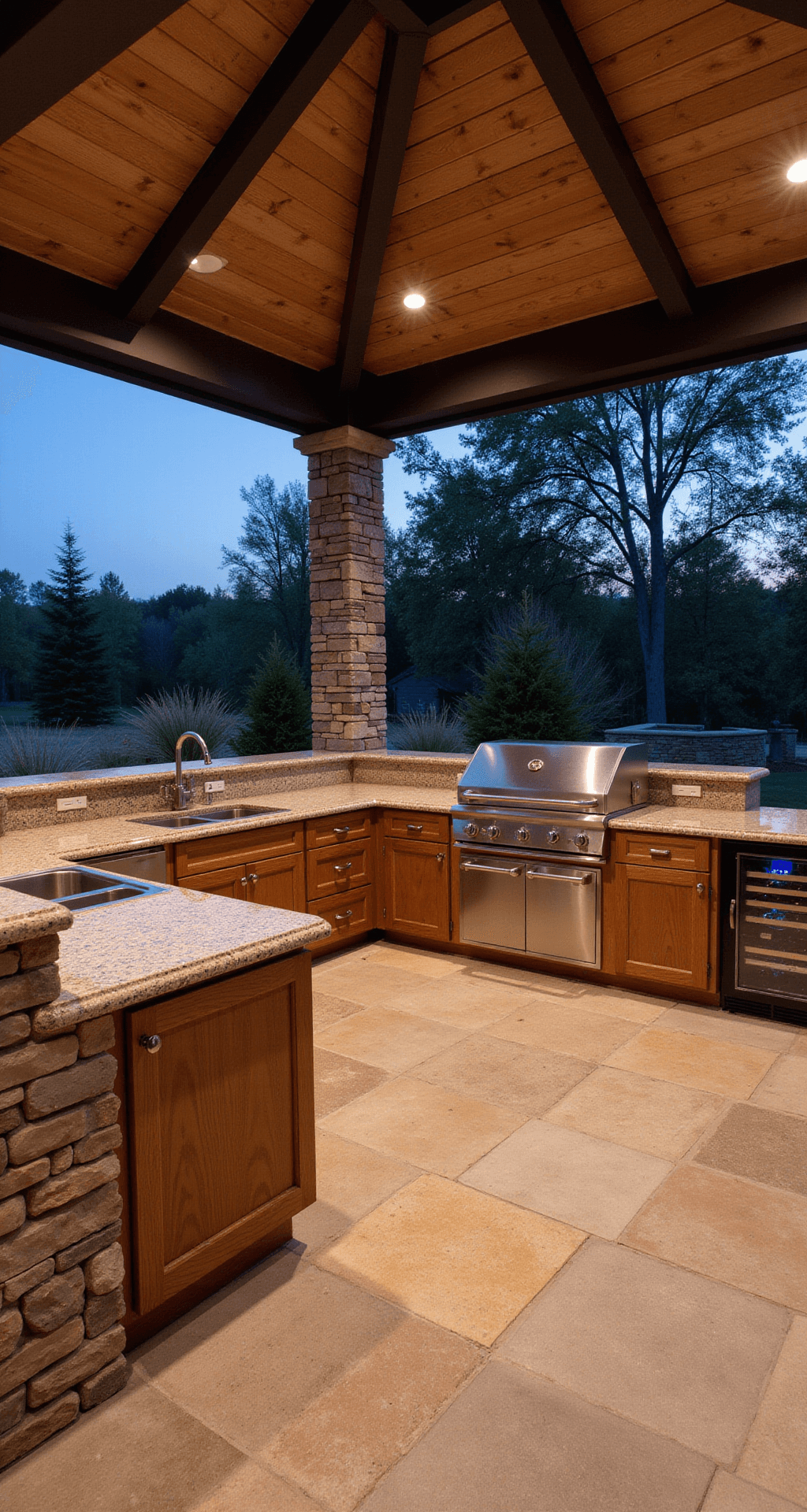 Dream Outdoor Kitchen Ideas: Transform Your Backyard into a Culinary Paradise High-end outdoor kitchen at twilight featuring a 600 sq ft open-concept design with a vaulted ceiling, professional-grade appliances, quartzite countertops, custom teak cabinetry, and dramatic lighting.