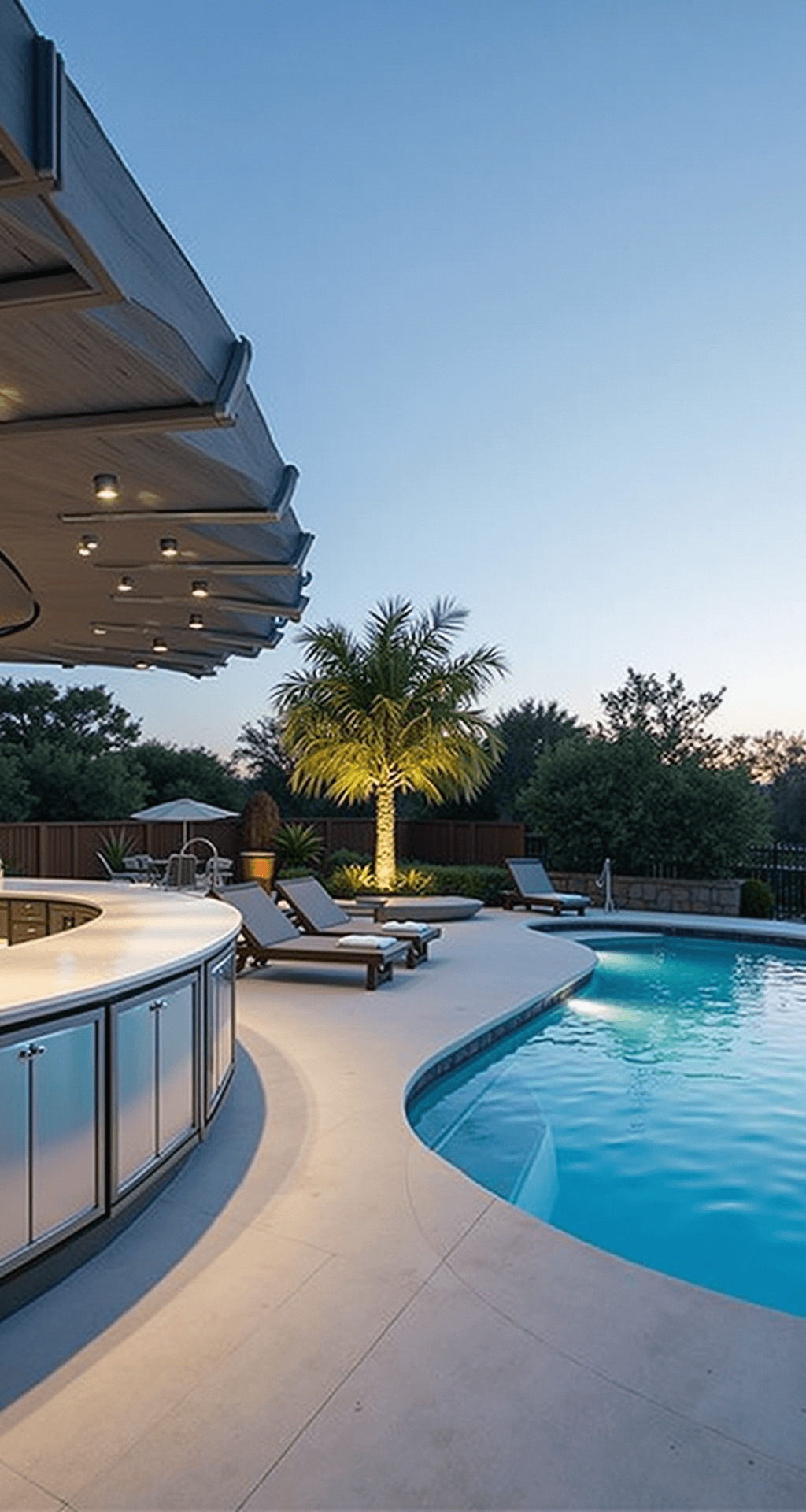 Dream Outdoor Kitchen Ideas: Transform Your Backyard into a Culinary Paradise Contemporary circular poolside kitchen featuring curved glass windbreaks, white quartz countertops, stainless steel appliances, and a floating steel pergola with retractable shade, set against a pool backdrop in cool blue and white tones.