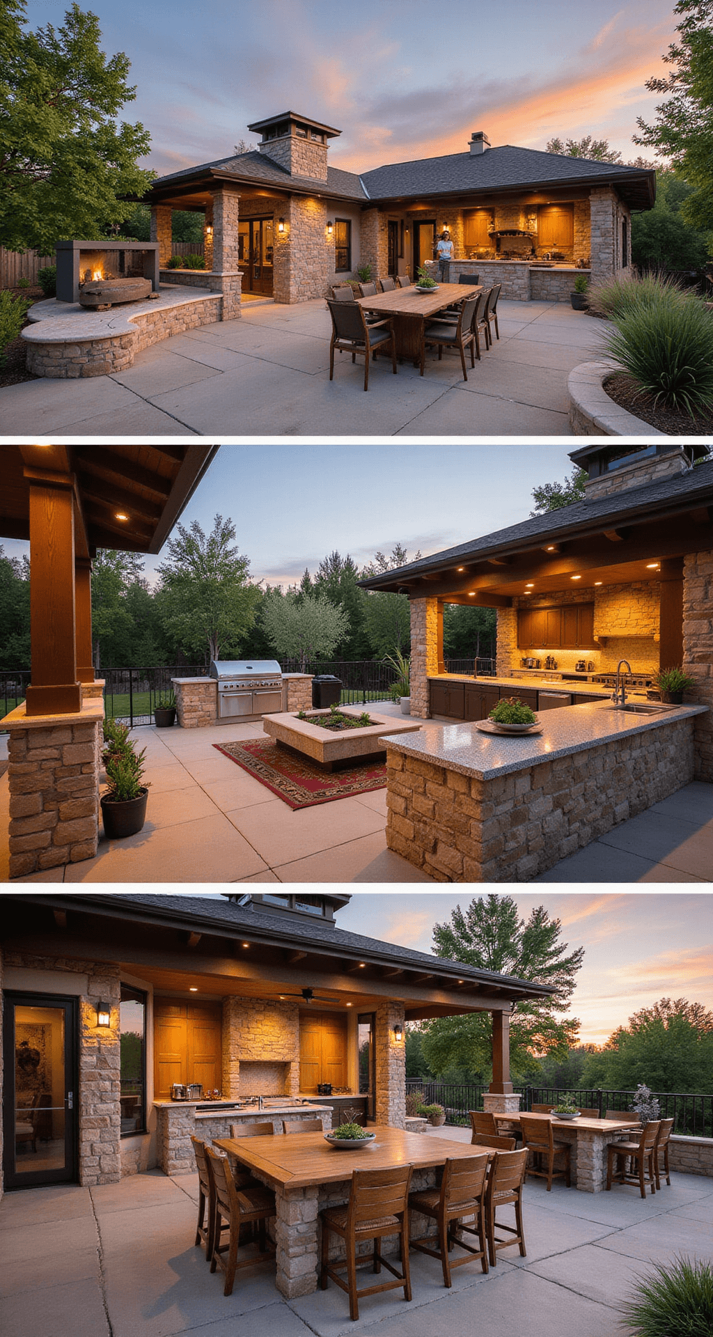 Dream Outdoor Kitchen Ideas: Transform Your Backyard into a Culinary Paradise Family-friendly outdoor kitchen at sunset, featuring a 450 sq ft split-level design with distinct cooking and dining zones, stone veneer base cabinets, granite countertops, kid-safe rounded corners, and non-slip flooring. Multiple prep stations and a teaching area are included, along with a built-in herb garden and pizza station, all beautifully captured with a shallow depth of field and warm earth tones accented by garden colors.