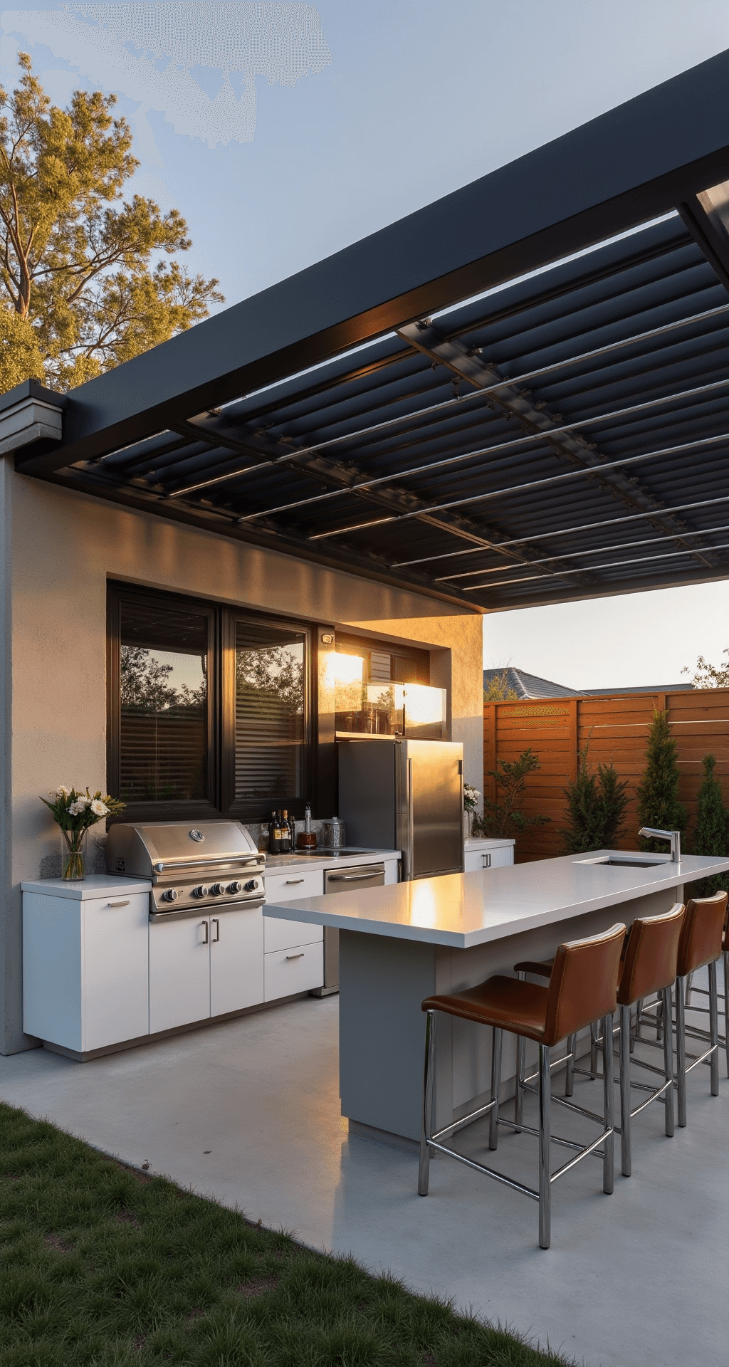 Outdoor Kitchen with Pergola: Your Ultimate Backyard Transformation Guide A modern minimalist outdoor kitchen under a matte black aluminum pergola, featuring sleek white quartz countertops, brushed stainless steel appliances, and a U-shaped layout with a built-in grill and undermount refrigerator. Warm golden hour light filters through pergola slats, casting dramatic shadows on polished concrete flooring, with minimalist bar seating in chrome and leather.