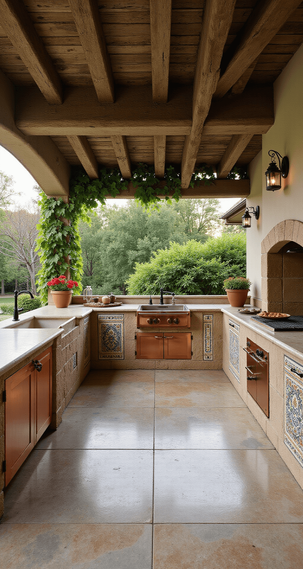 Outdoor Kitchen with Pergola: Your Ultimate Backyard Transformation Guide A sunny Mediterranean villa kitchen with a rustic wooden pergola adorned with climbing vines, featuring textured travertine countertops, a pizza oven with copper accents, hand-painted tiles, and wrought iron details, surrounded by terracotta pots and vintage lanterns.