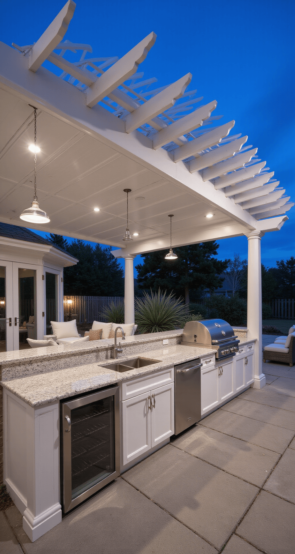 Outdoor Kitchen with Pergola: Your Ultimate Backyard Transformation Guide Outdoor kitchen pavilion at twilight featuring a white vinyl pergola with louvered roof, granite cooking station, pearl-white cabinetry, marine-grade appliances, and built-in wine fridge, elegantly designed with ambient lighting and weathered teak furniture for a coastal luxury vibe.