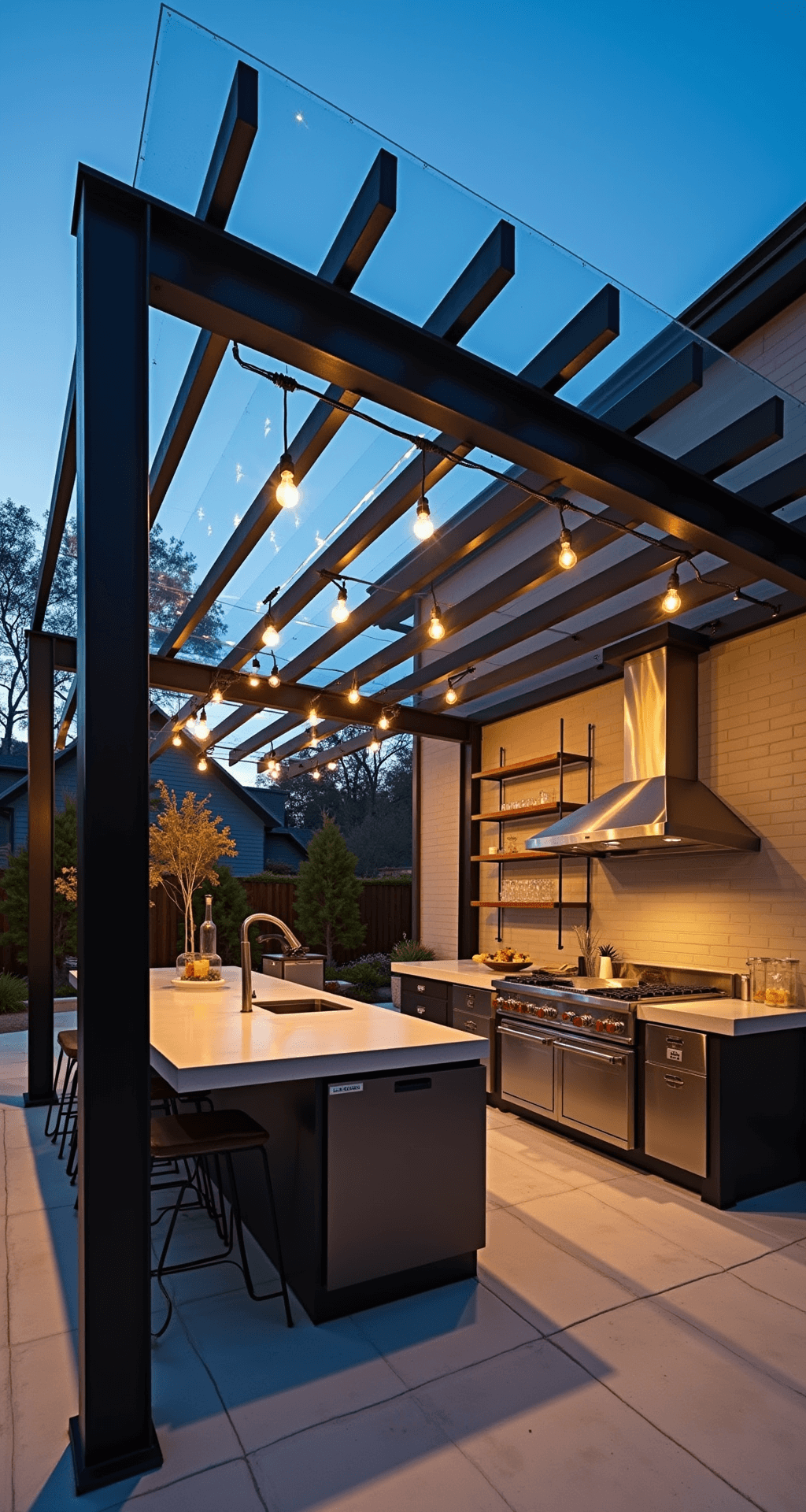 Outdoor Kitchen with Pergola: Your Ultimate Backyard Transformation Guide Industrial chic outdoor kitchen under a powder-coated steel pergola, featuring concrete countertops, professional cooking station, and exposed ductwork, illuminated by dramatic uplighting and Edison bulb string lights during blue hour.
