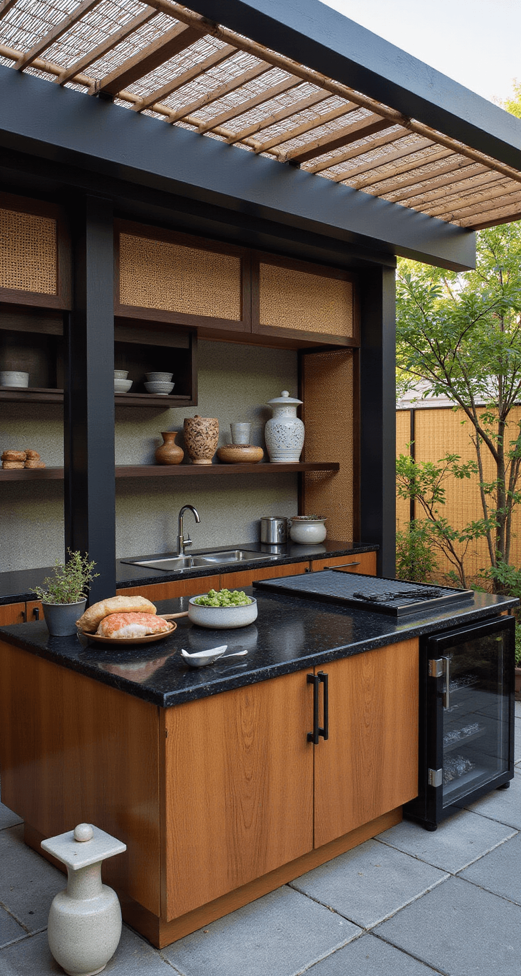 Outdoor Kitchen with Pergola: Your Ultimate Backyard Transformation Guide A contemporary Asian-inspired zen kitchen featuring dark wooden beams and bamboo details, equipped with black granite countertops, a teppanyaki grill, and shou sugi ban cabinets, surrounded by natural bamboo screening and adorned with stone lanterns and Japanese maples.