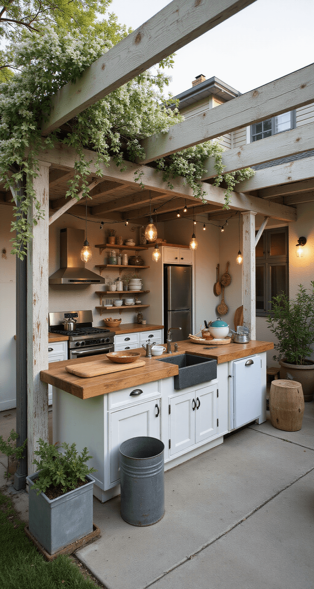 Outdoor Kitchen with Pergola: Your Ultimate Backyard Transformation Guide Rustic outdoor kitchen with reclaimed timber pergola, flowering jasmine, butcher block and soapstone countertops, farmhouse sink, vintage appliances, L-shaped layout, open shelving with enamelware, string lights, mason jar pendants, galvanized metal accents, and herb gardens, captured in late afternoon light.