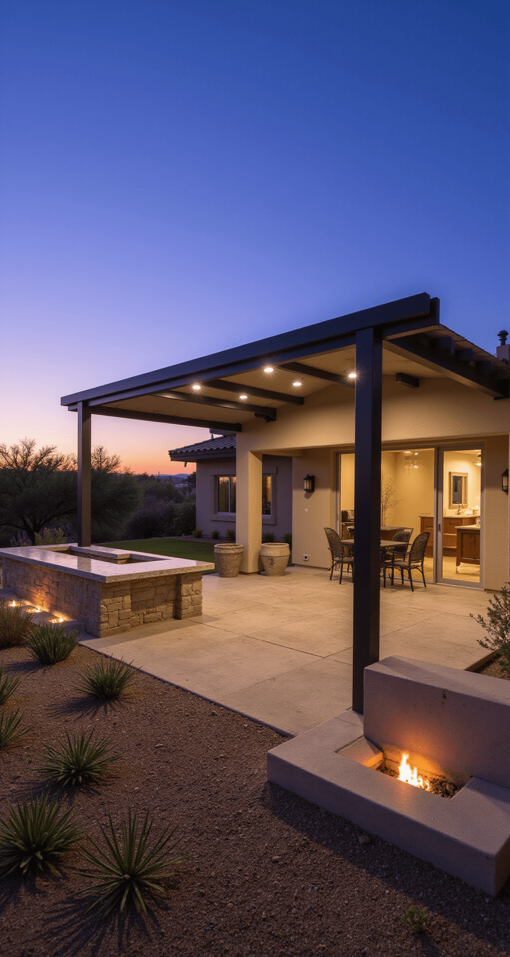 Outdoor Kitchen with Pergola: Your Ultimate Backyard Transformation Guide A contemporary outdoor entertainment space in a desert oasis, featuring a stylish aluminum and steel pergola with motorized shade panels, quartzite countertops, built-in fire features, and a smoker station, designed in a U-shape with cooling misters. The scene is captured at sunset from an elevated angle, showcasing uplighting and integrated LED systems that enhance the ambiance, along with succulent gardens and weathered copper accents.
