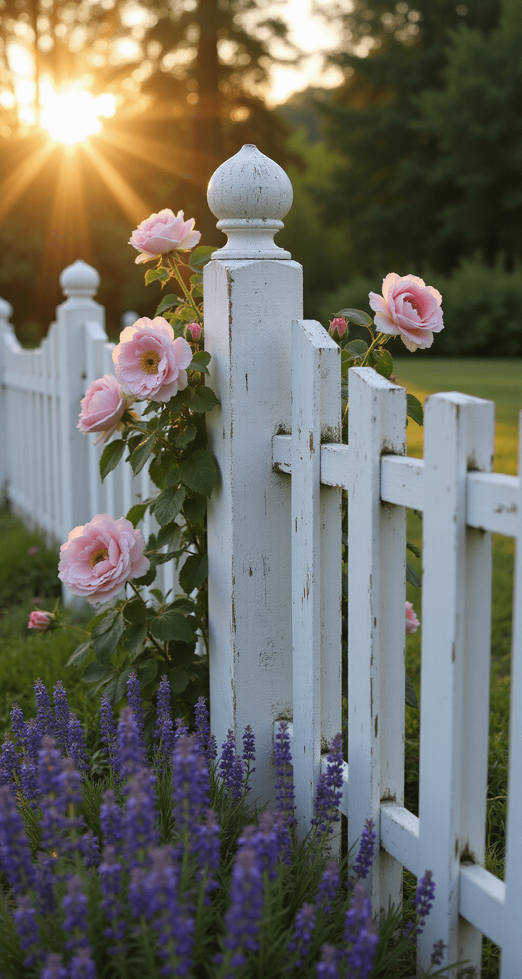 Enchanting Cottage Garden Fences: Your Ultimate Style Guide A weathered white picket fence at golden hour, extending through a cottage garden, adorned with soft pink 'New Dawn' roses and surrounded by lavender and catmint, with morning dew on cobwebs, shot at eye level with shallow depth of field and dreamy backlight.