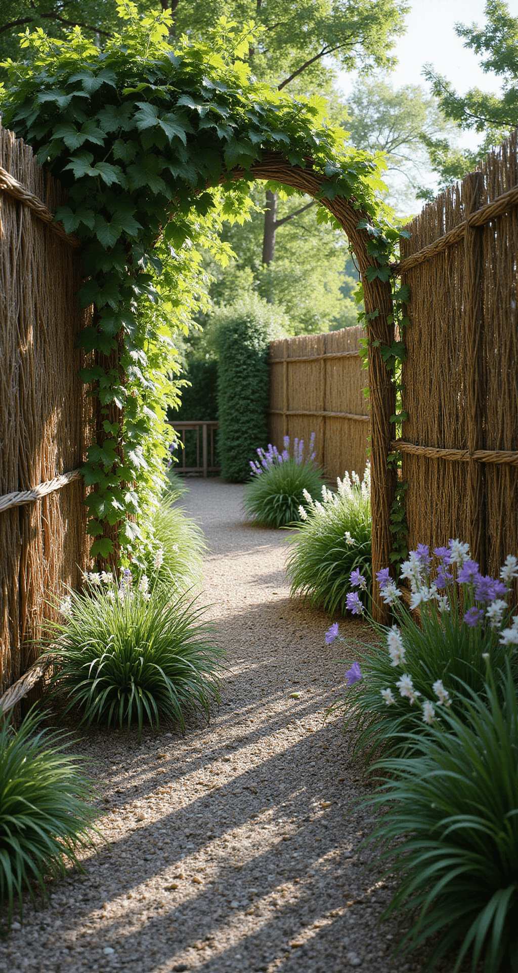 Enchanting Cottage Garden Fences: Your Ultimate Style Guide Late morning sunlight filters through a tall hand-woven willow fence, casting dappled shadows on a gravel path, with Boston ivy climbing and blooming foxgloves and allium nearby. The low camera angle emphasizes the fence's height and intricate weaving details in soft, overcast light.