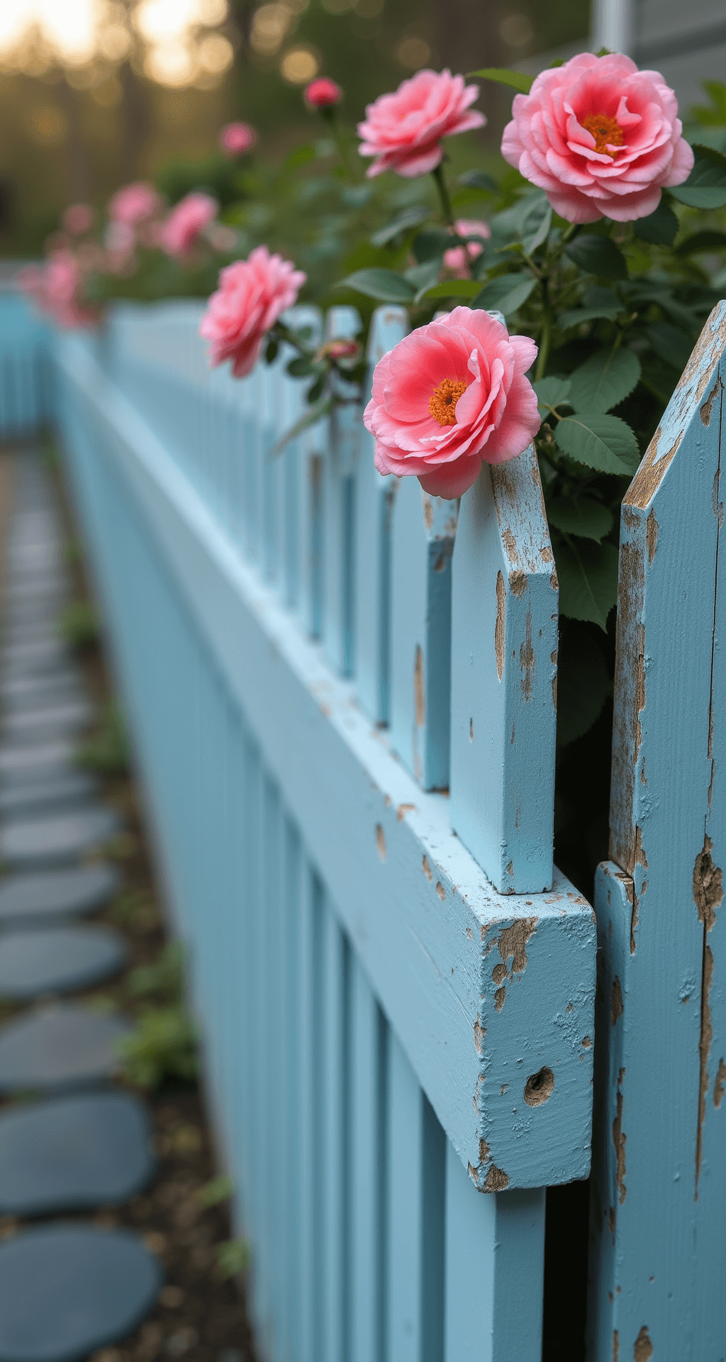 Enchanting Cottage Garden Fences: Your Ultimate Style Guide Close-up of a peeling pale blue painted cedar fence section with coral pink rambling roses above, set against a Delaware blue slate path, enveloped in morning mist. The macro shot highlights the texture of the paint and wood grain, with soft diffused light accentuating the color variations.