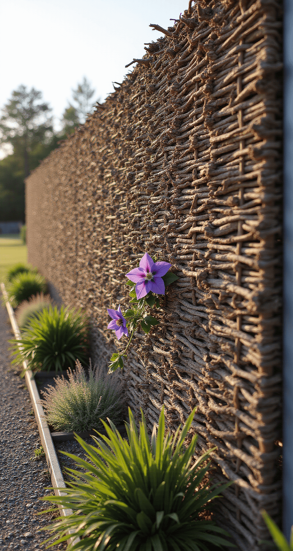 Enchanting Cottage Garden Fences: Your Ultimate Style Guide A woven hazel hurdle fence stands 5 feet tall in late afternoon light, featuring a horizontal weave pattern. Purple clematis interweaves through the fence, while gravel and steel edging add a contemporary touch. Ornamental grasses in the background catch the light, and the scene is captured from a 45-degree angle, showcasing the texture and warm tones of the hazel branches during golden hour.