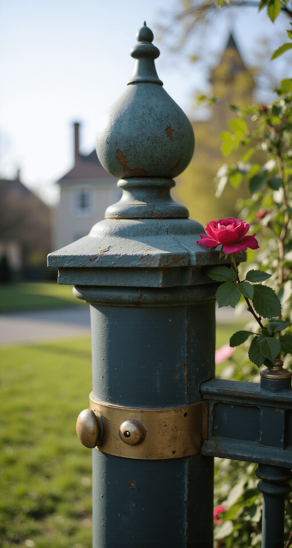Enchanting Cottage Garden Fences: Your Ultimate Style Guide Close-up of a weather-worn Victorian gate post with an ornate finial, aged copper cap showing verdigris patina, and gleaming antique brass hardware, illuminated by soft spring morning light, while a Rosa 'Climbing Iceberg' rose begins to climb nearby; macro photography highlights intricate details and textures with a shallow depth of field.