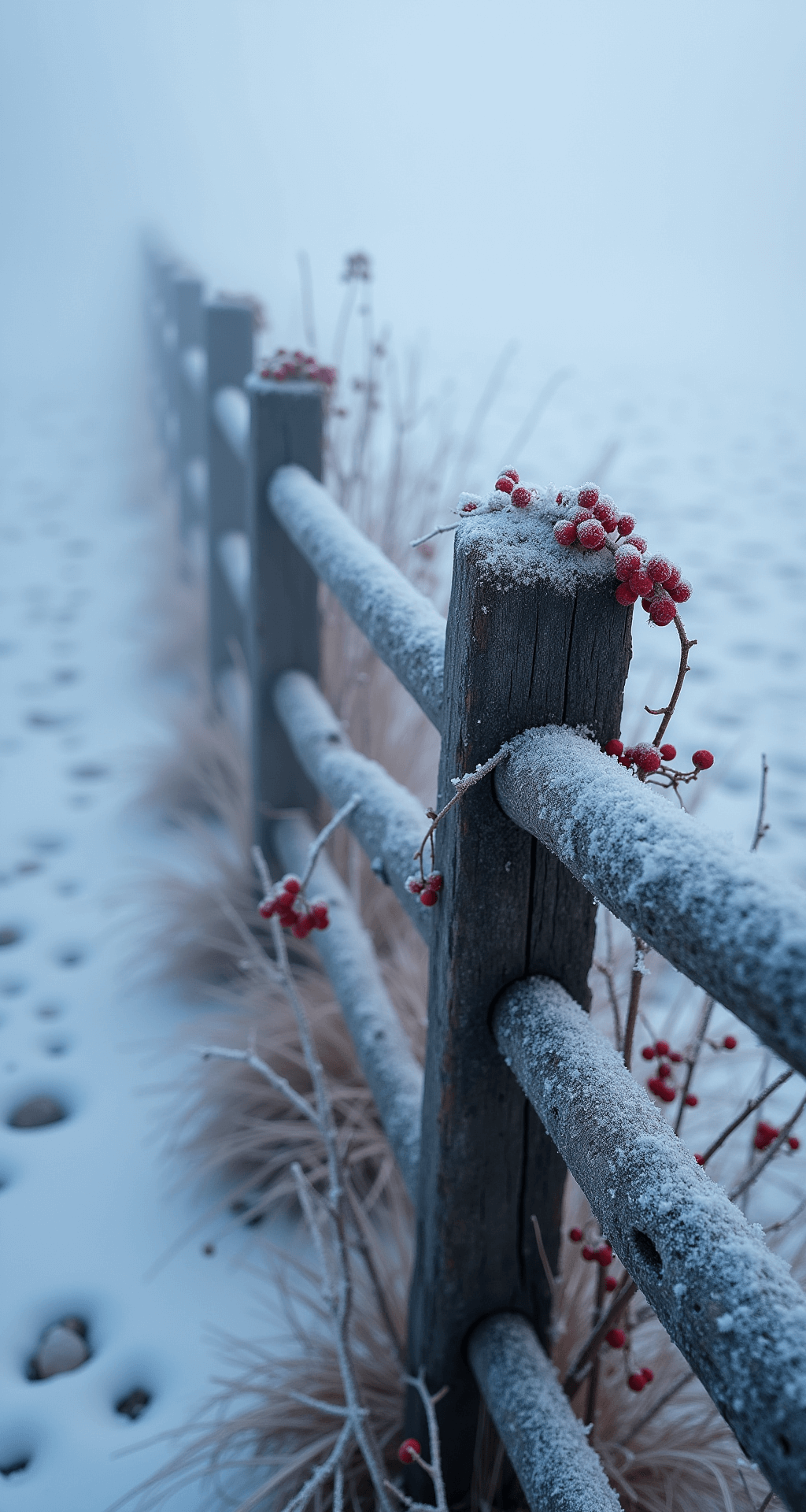 Enchanting Cottage Garden Fences: Your Ultimate Style Guide A winter scene featuring a rustic split-rail fence disappearing into fog, frost crystals on cedar rails, delicate clematis vines, and red holly berries, with snow drifts softening the ground, captured from a low angle with diffused winter light.