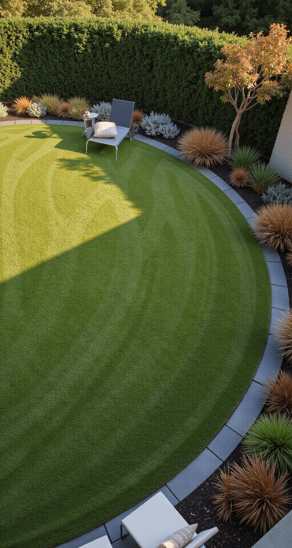 Circular Lawns: Transform Your Garden with Stunning Round Design Aerial view of a circular lawn surrounded by a contemporary garden, featuring dewy grass, a dark gray slate border, modern aluminum loungers, and ornamental grasses, illuminated by early morning golden light and enveloped in cool mist.