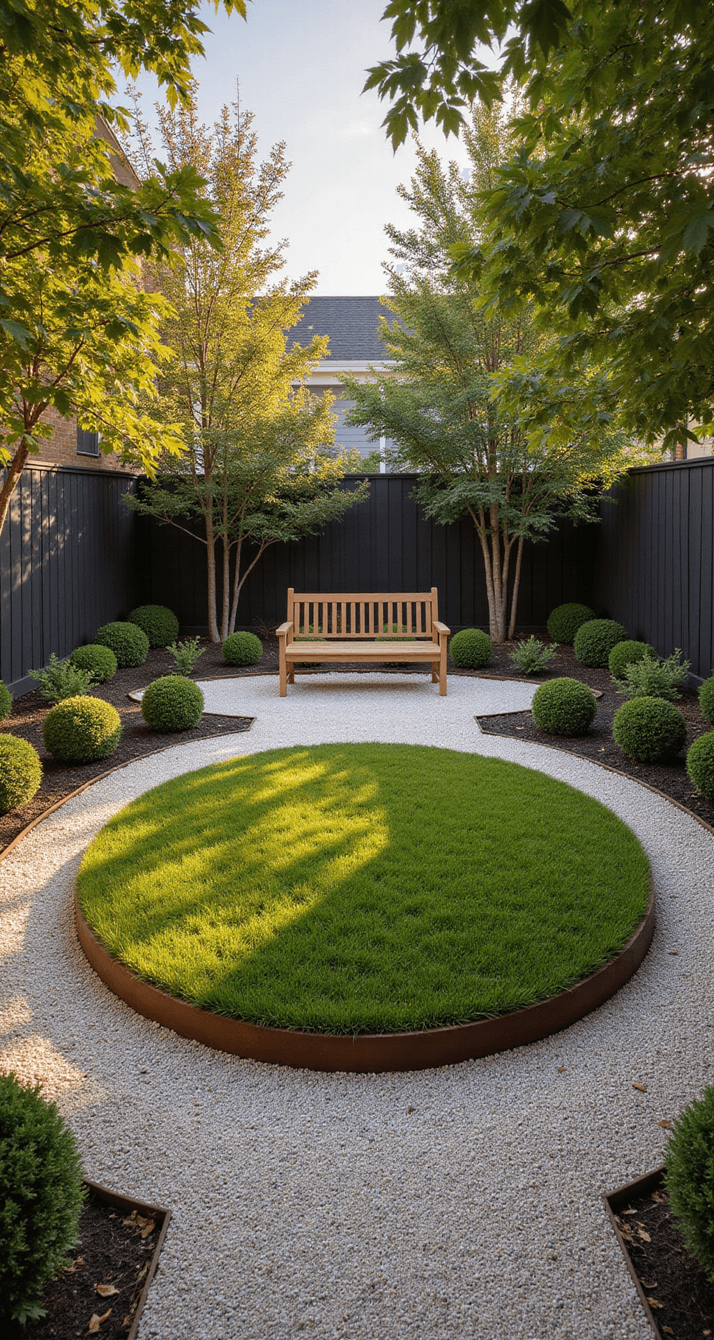 Circular Lawns: Transform Your Garden with Stunning Round Design Intimate ground-level view of a circular urban courtyard lawn surrounded by Japanese maples in warm evening light, featuring Corten steel edging, white pea gravel, low boxwood spheres, and a teak bench at the far edge.