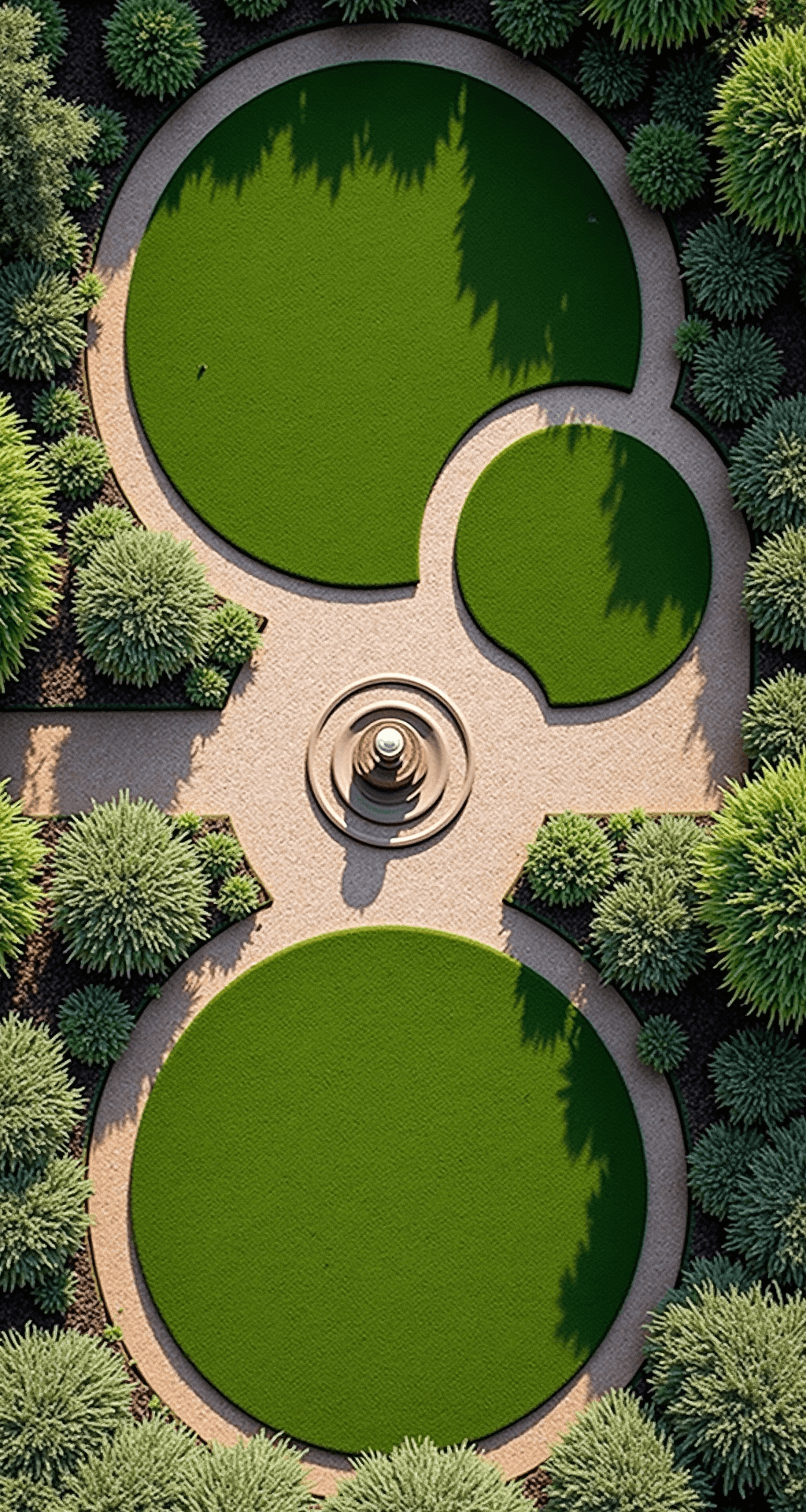 Circular Lawns: Transform Your Garden with Stunning Round Design Bird's eye view of a sophisticated garden design featuring interlocking circular lawns of 15ft, 12ft, and 10ft diameters, with limestone gravel paths, lavender borders, and an antique stone fountain at the center. Natural sandstone edging defines each lawn, captured from an elevation of 25ft with a 35mm lens.