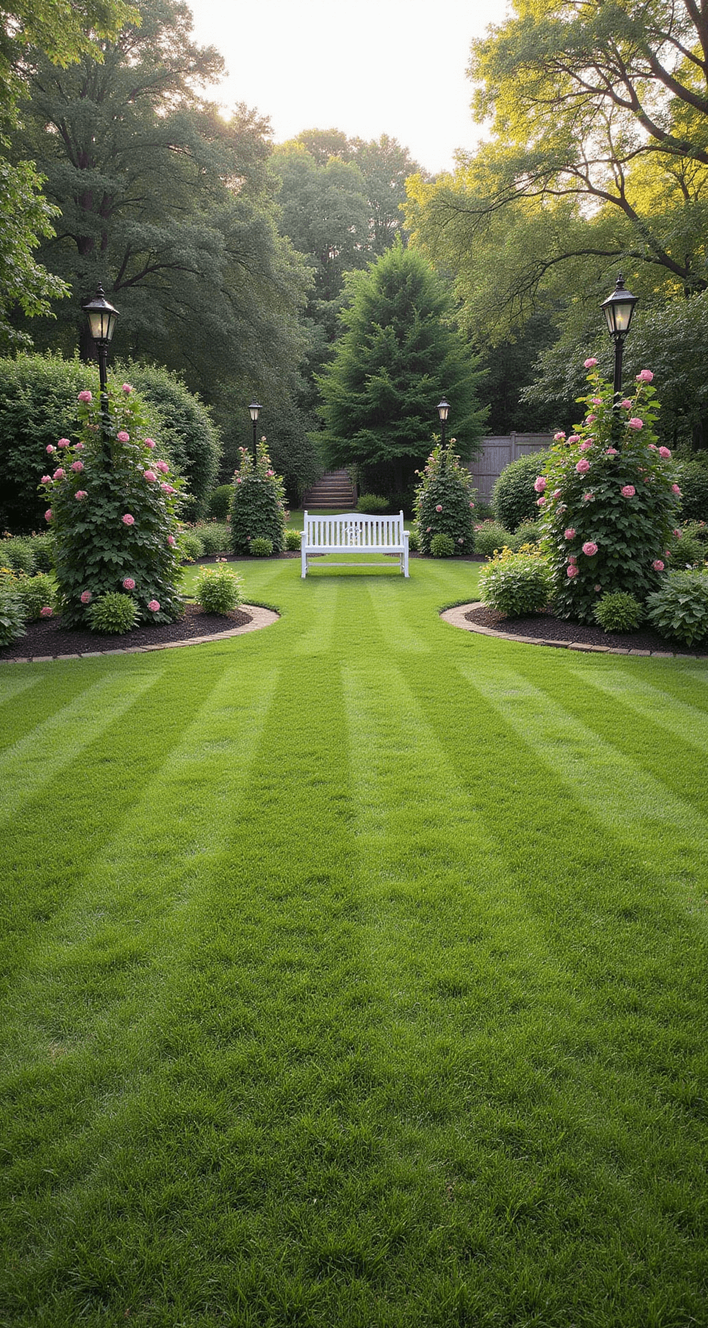 Circular Lawns: Transform Your Garden with Stunning Round Design A traditional English garden at dawn featuring a circular lawn surrounded by cottage plants, with dew-covered grass and reclaimed brick edging. A white garden bench sits at the north edge, flanked by climbing roses on iron obelisks at each cardinal point.