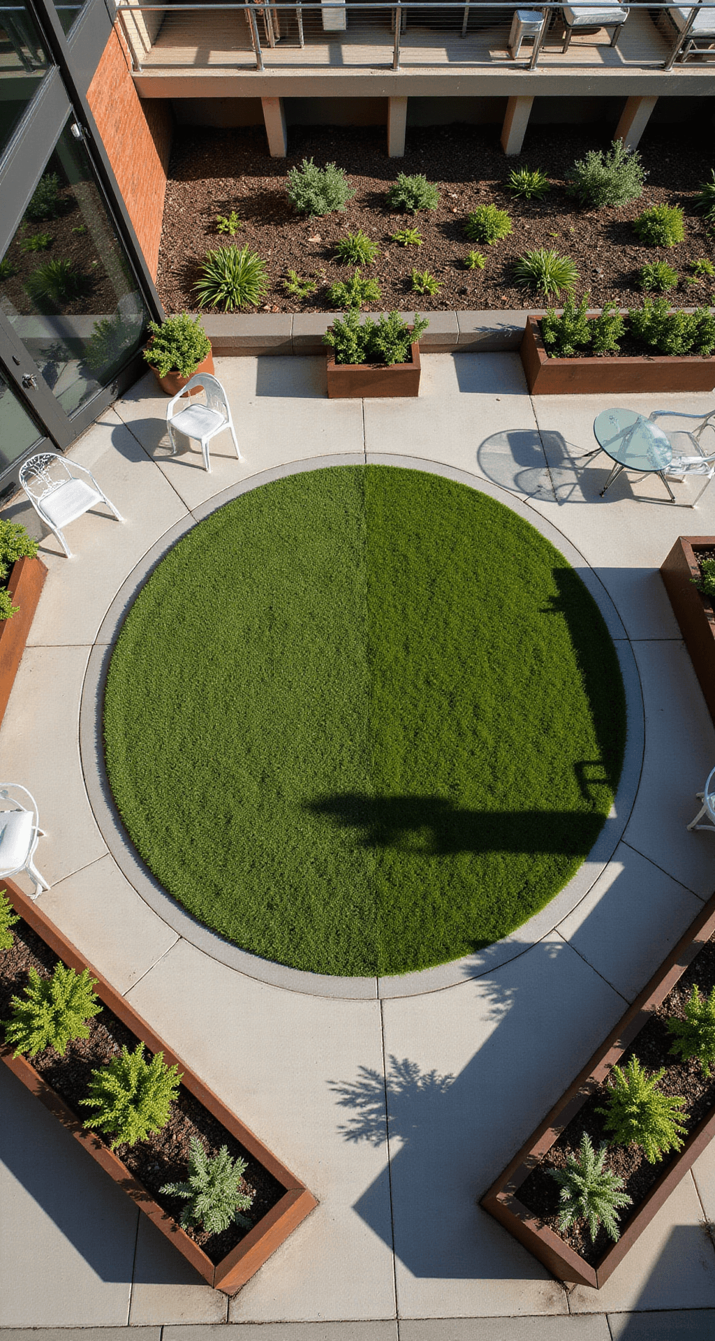 Circular Lawns: Transform Your Garden with Stunning Round Design Overhead view of a modern rooftop garden featuring a circular lawn, cor-ten steel planters casting shadows, brushed stainless steel edging, and asymmetrical arrangement of ghost chairs and glass side tables, with drought-tolerant sedums surrounding the area, captured with a telephoto lens to highlight the urban setting.