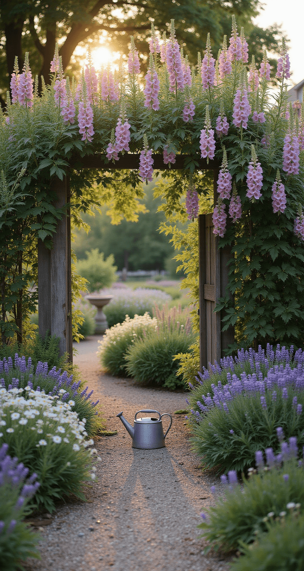 Creating Your Dream Backyard Cottage Garden: A Personal Guide A dreamy cottage garden at golden hour, featuring a winding gravel path through dense plantings of foxgloves, hollyhocks, and cascading climbing roses. A vintage zinc watering can rests in a foreground of purple catmint and white daisies, all bathed in warm honey tones of the setting sun.