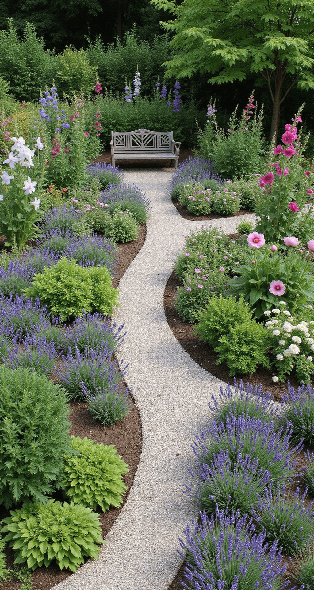 Creating Your Dream Backyard Cottage Garden: A Personal Guide Aerial view of a cottage garden in morning light, featuring curved gravel paths and layered plantings with tall delphiniums and hollyhocks at the back, mid-height peonies and salvias in the middle, and creeping thyme with low-growing flowers at the edges. A weathered iron bench surrounded by lavender adds a cozy seating area, while vibrant flower colors are unified by lush green foliage and grey gravel.