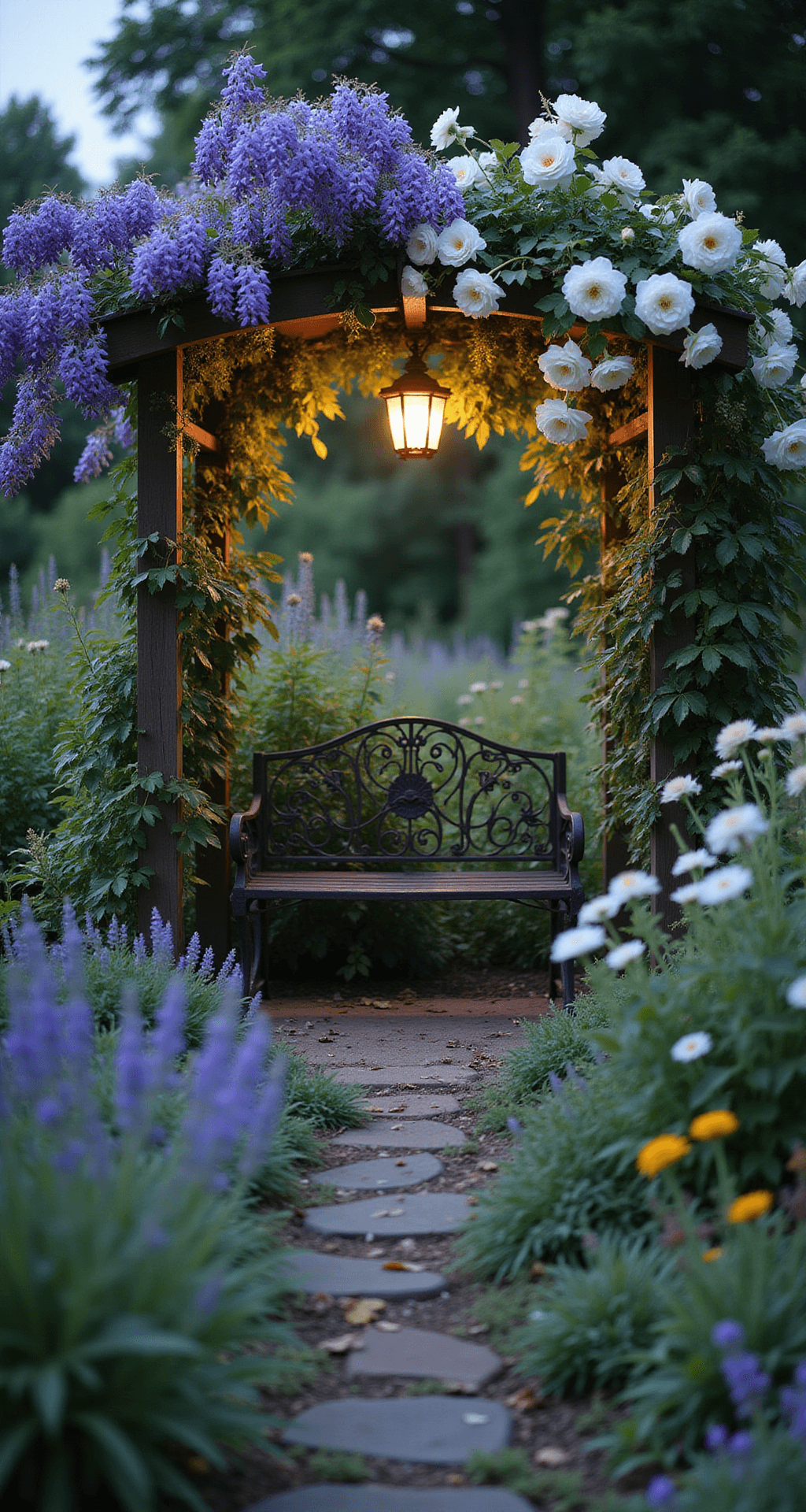 Creating Your Dream Backyard Cottage Garden: A Personal Guide Eye-level twilight shot of a garden nook featuring a vintage iron bench under an arbor draped with white climbing roses and purple wisteria, illuminated by warm solar lanterns. The foreground showcases mixed cottage plantings, including lamb's ear, catmint, and wildflowers, with a soft bokeh effect enhancing the garden's depth. The color palette includes deep purples, silvery greens, and warm whites, complemented by a golden lantern glow.