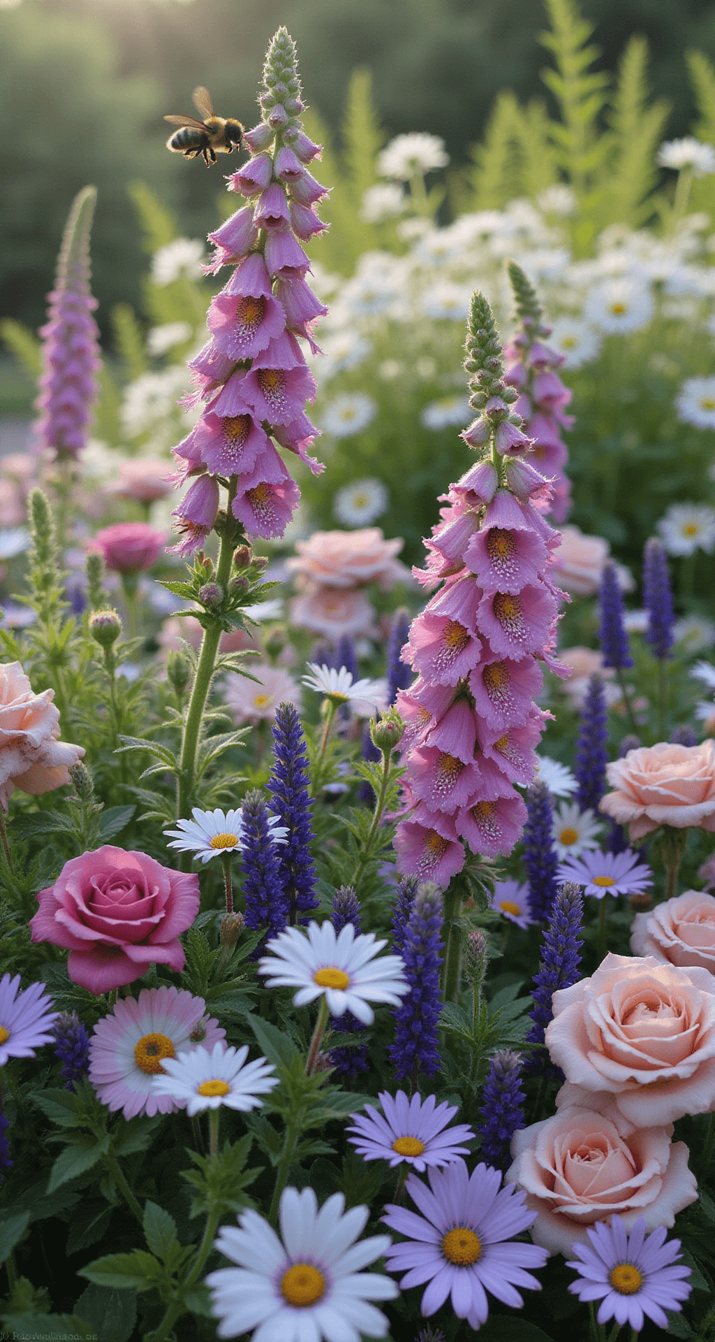 Creating Your Dream Backyard Cottage Garden: A Personal Guide A detailed macro shot of a vibrant cottage garden border in peak bloom, featuring foxgloves, daisies, salvias, and heritage roses bathed in soft morning light and slight mist, with dewdrops glistening. A bumblebee is visible on a lavender spike, showcasing a natural and slightly wild arrangement of intermingling plants in shades of pink, purple, and white against varied green foliage textures.