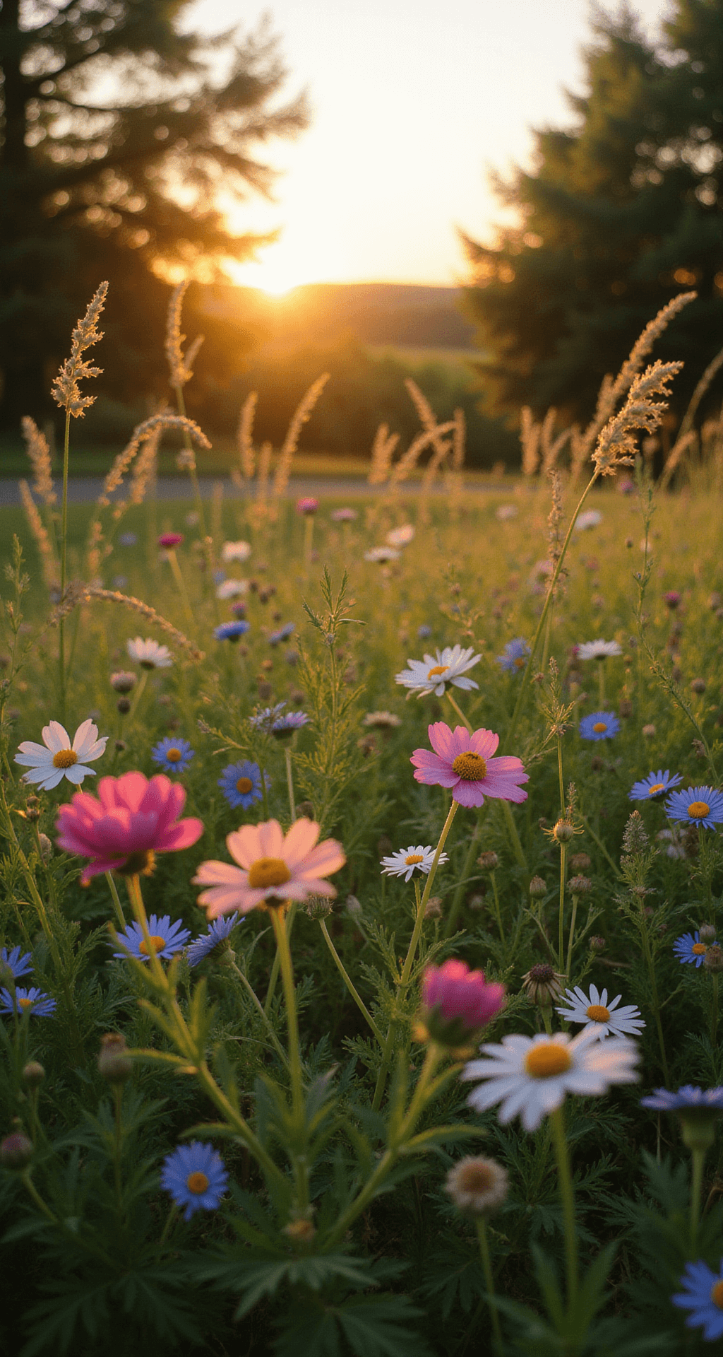 Creating Your Dream Backyard Cottage Garden: A Personal Guide Low-angle shot of a wildflower meadow in a cottage garden during golden hour, featuring backlit cosmos, cornflowers, and Queen Anne's lace with silhouetted seed heads and grasses, all illuminated by warm evening light for a dreamy atmosphere.