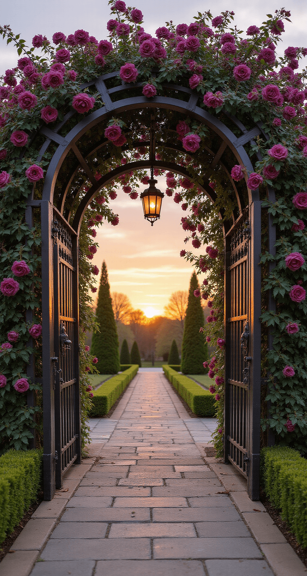 Garden Arch Trellis Ideas: Transform Your Outdoor Space with Vertical Elegance A grand garden entrance with a 12-foot metal arch trellis draped in burgundy roses and purple clematis, viewed from a low angle at sunset, featuring a stone pathway, manicured hedges, and vintage copper lanterns.