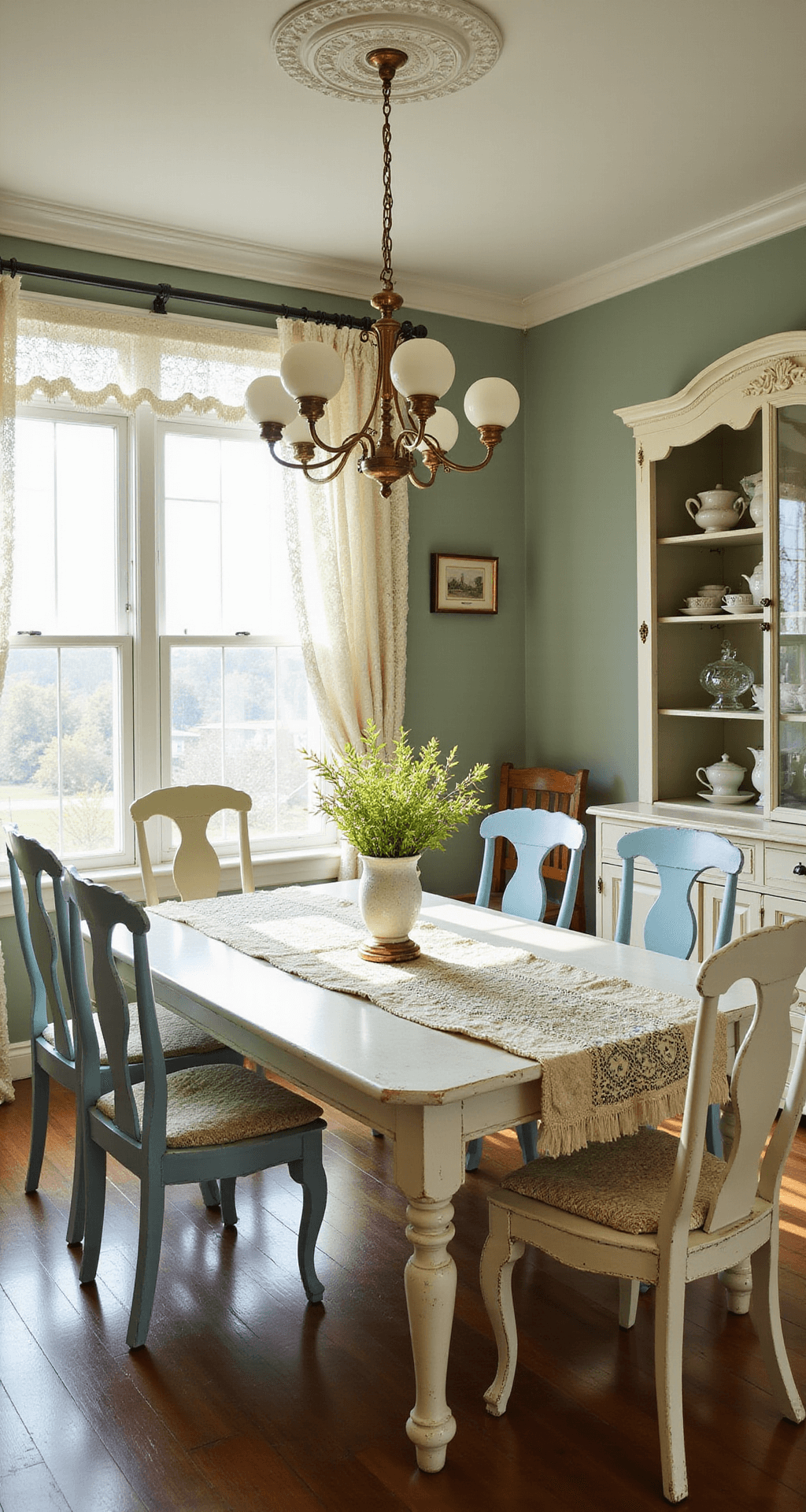 Granny Chic Dining Room: Creating Cozy Vintage Charm in Your Home A sunlit dining room featuring a distressed white farmhouse table surrounded by mismatched vintage chairs, soft light filtering through lace curtains onto sage green walls, and a large brass chandelier, all captured from a low corner angle.