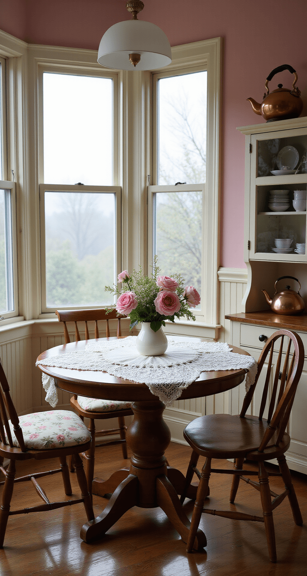 Granny Chic Dining Room: Creating Cozy Vintage Charm in Your Home Intimate breakfast nook with bay windows, featuring a round oak table draped in a vintage lace tablecloth and fresh flowers in milk glass vases, blush pink walls, cream wainscoting, mismatched wooden chairs with floral cushions, and a copper kettle on a hutch, all bathed in soft morning light and dreamy fog.