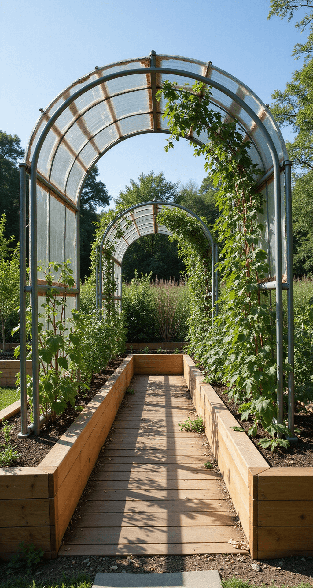 Garden Arch Trellis Ideas: Transform Your Outdoor Space with Vertical Elegance A wide-angle view of a modern vegetable garden with a 7-foot industrial cattle panel arch between raised cedar beds, showcasing abundant cherry tomatoes and pole beans. The galvanized metal panels contrast with lush greens, while sharp shadows create geometric patterns under the midday sun, highlighting the garden's harvest potential and DIY ingenuity.