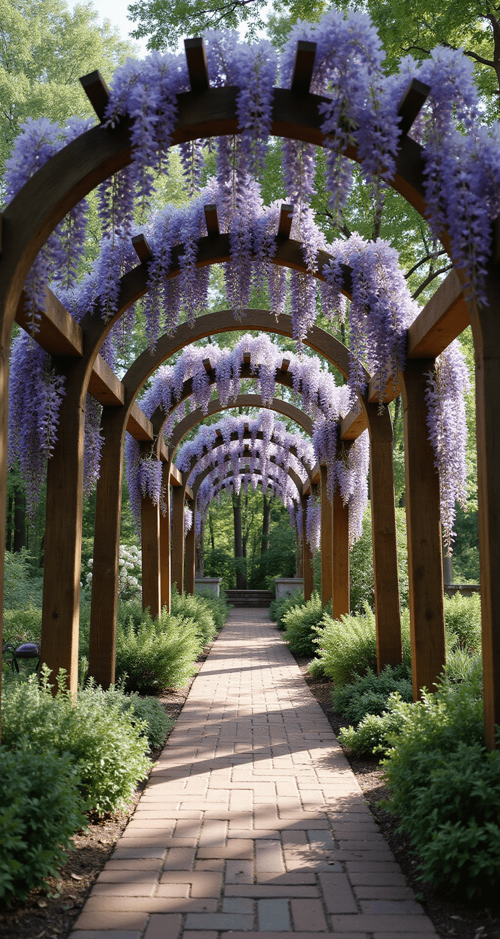 Garden Arch Trellis Ideas: Transform Your Outdoor Space with Vertical Elegance Intimate garden room with three wooden arch trellises, draped in purple wisteria and white jasmine, leading down a brick pathway; dappled sunlight illuminates the scene, creating a magical atmosphere.