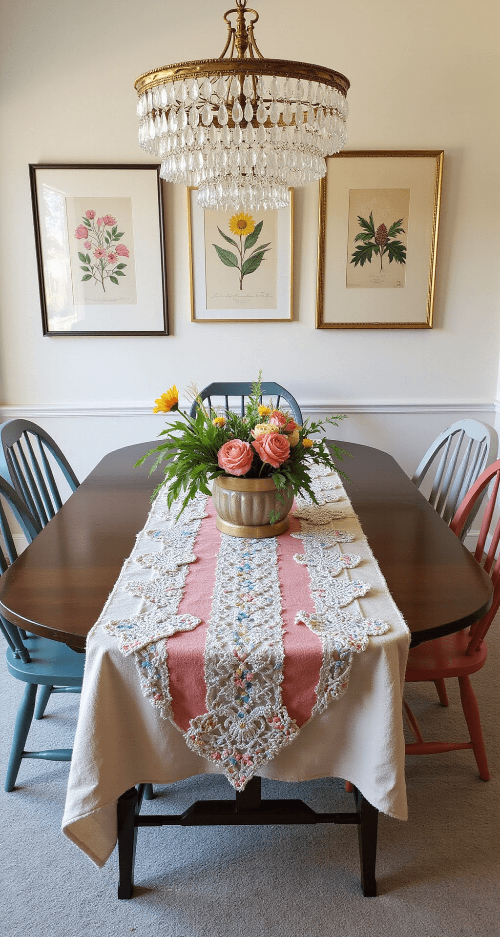 Granny Chic Dining Room: Creating Cozy Vintage Charm in Your Home Overhead view of a 13x18ft dining room showcasing a floral runner over a striped tablecloth, adorned with crocheted doilies; pastel-painted Windsor chairs surround a dark wood table, complemented by modern abstract art in gold frames and traditional botanical prints, while a vintage chandelier casts rainbow reflections on cream walls.