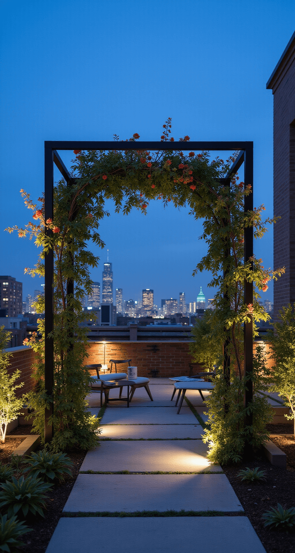 Garden Arch Trellis Ideas: Transform Your Outdoor Space with Vertical Elegance Contemporary urban rooftop garden at twilight with a minimalist black metal arch trellis framing the city skyline, illuminated by uplighting that highlights sculptural nasturtiums and passion flower vines, set on concrete pavers with modern furnishings, all in cool blue hour lighting with long exposure capturing city lights.