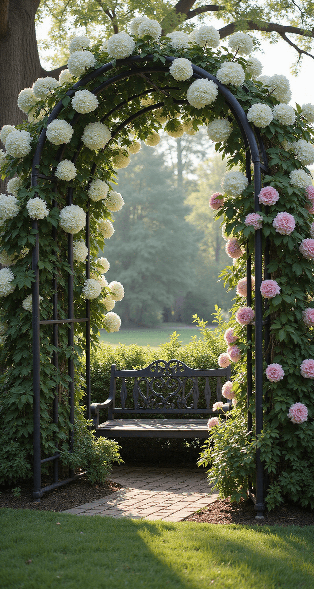 Garden Arch Trellis Ideas: Transform Your Outdoor Space with Vertical Elegance A picturesque secret garden nook featuring an 8-foot antique wrought iron arch trellis adorned with white climbing hydrangea and pink clematis. A vintage bench is nestled underneath the trellis, all bathed in soft, filtered mid-morning light with a subtle fog creating a mysterious ambiance.