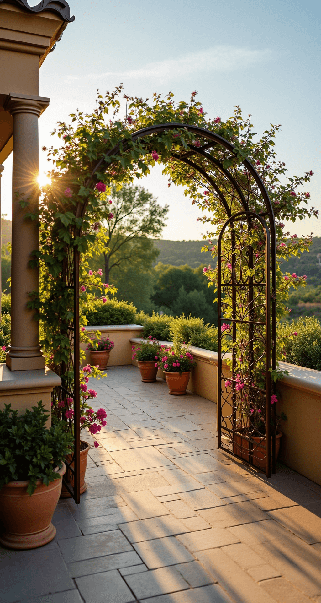 Garden Arch Trellis Ideas: Transform Your Outdoor Space with Vertical Elegance A Mediterranean-inspired terrace featuring a 9-foot copper arch trellis adorned with flowering grape vines and bougainvillea, surrounded by terracotta pots and limestone pavers, captured in the golden hour light from an elevated position, highlighting the textures and warm color palette.