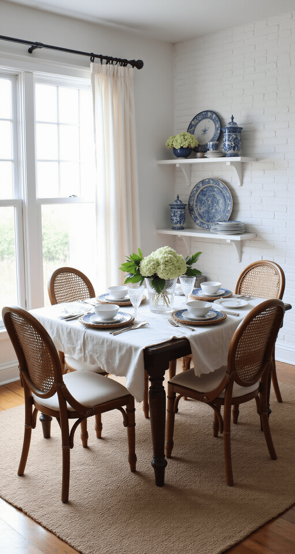Granny Chic Dining Room: Creating Cozy Vintage Charm in Your Home Bright corner vignette of a modern farmhouse dining room with a vintage table and chairs, featuring a white brick wall adorned with blue and white china plates, layered table setting with silver and hydrangeas, and natural light illuminating hardwood floors and jute rug.