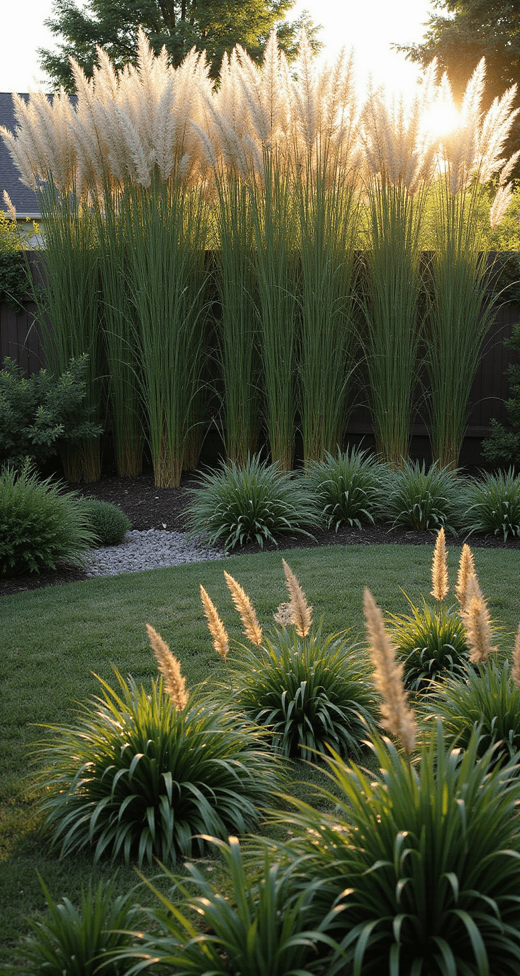 Ornamental Grasses: Transform Your Garden with Texture and Movement A serene backyard landscape at golden hour featuring a 20-foot privacy screen of towering Miscanthus maiden grass, backlit by warm sunlight, creating a shimmering effect. In the foreground, three layers of shorter ornamental grasses add depth, captured with a shallow depth of field to emphasize movement and texture.
