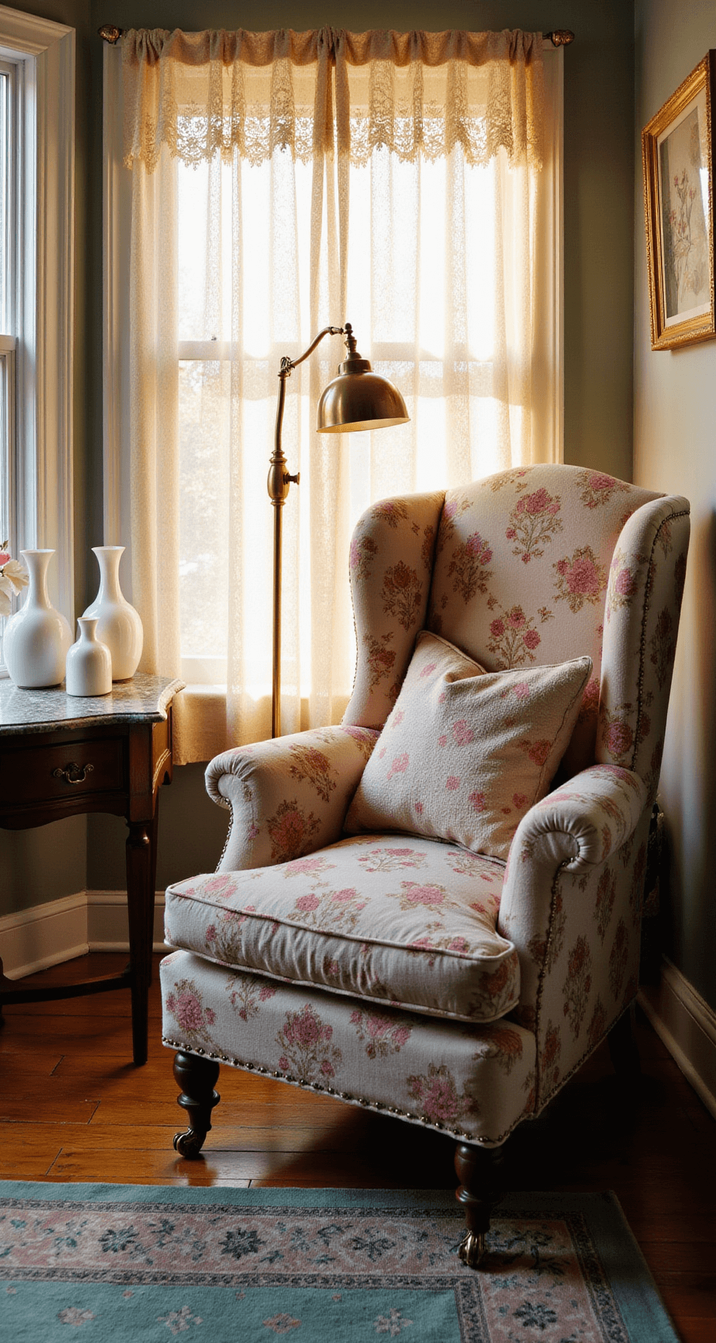 Granny Chic: Bringing Vintage Charm into Modern Homes A sunlit living room with a rose-patterned wingback chair by a bay window, warm light filtering through lace curtains, a brass floor lamp, an antique side table with milk glass vases, and a Persian rug, captured from a low angle to highlight textured throws and pillows.