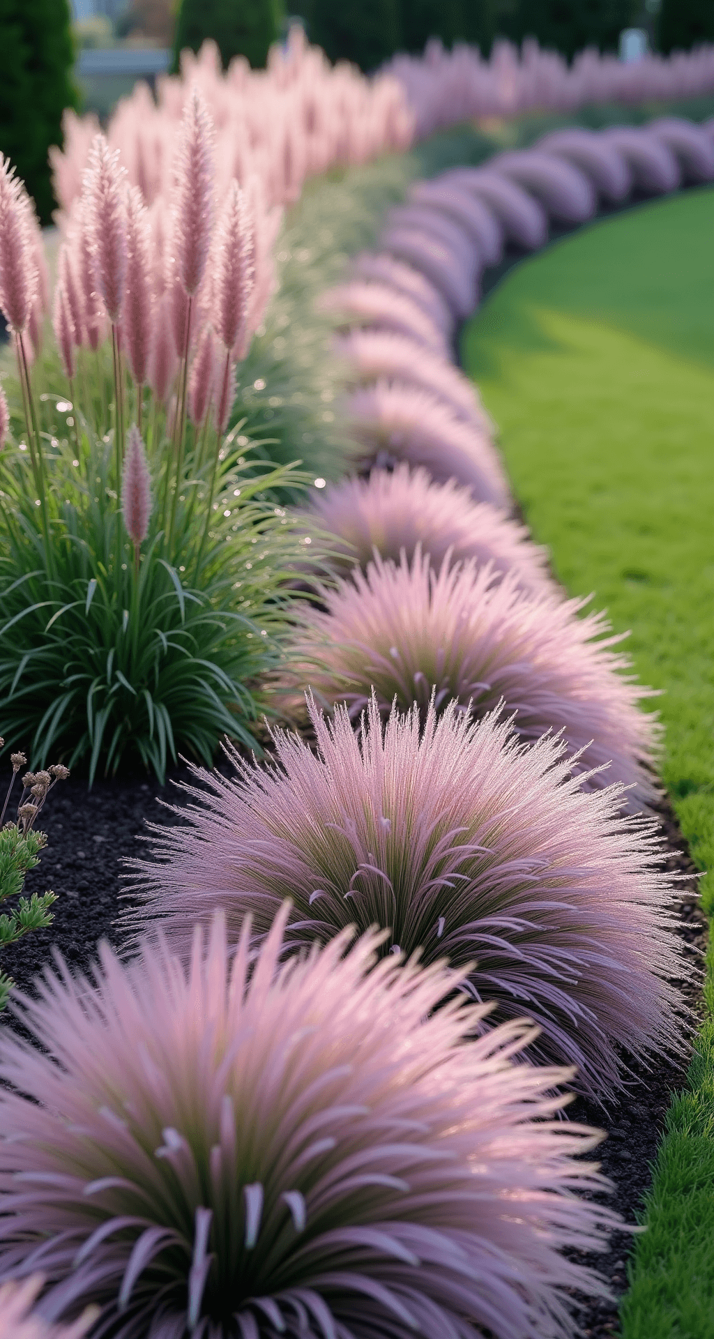 Ornamental Grasses: Transform Your Garden with Texture and Movement A curved garden border at 10am features blooming Muhly grass in pink-lavender hues, with mixed heights of grasses and dark green perennials. Morning dew glistens on the blades, while side lighting emphasizes texture and movement.