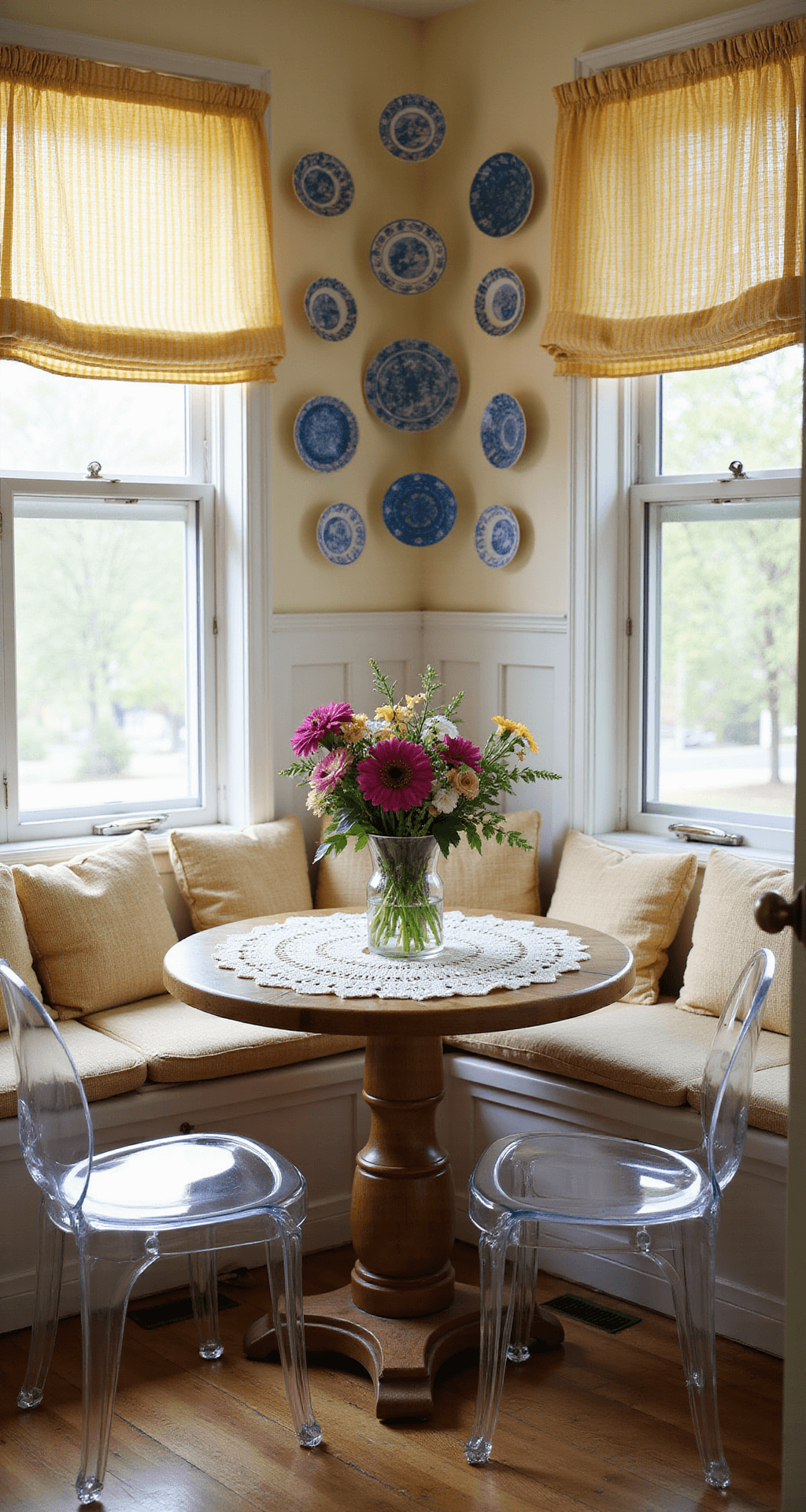 Granny Chic: Bringing Vintage Charm into Modern Homes Intimate kitchen nook featuring a round oak pedestal table with contemporary ghost chairs, adorned with vintage china plates on the walls, butter-yellow gingham café curtains, and a crocheted tablecloth, highlighted by soft morning light; a Depression glass vase with fresh flowers takes center stage.