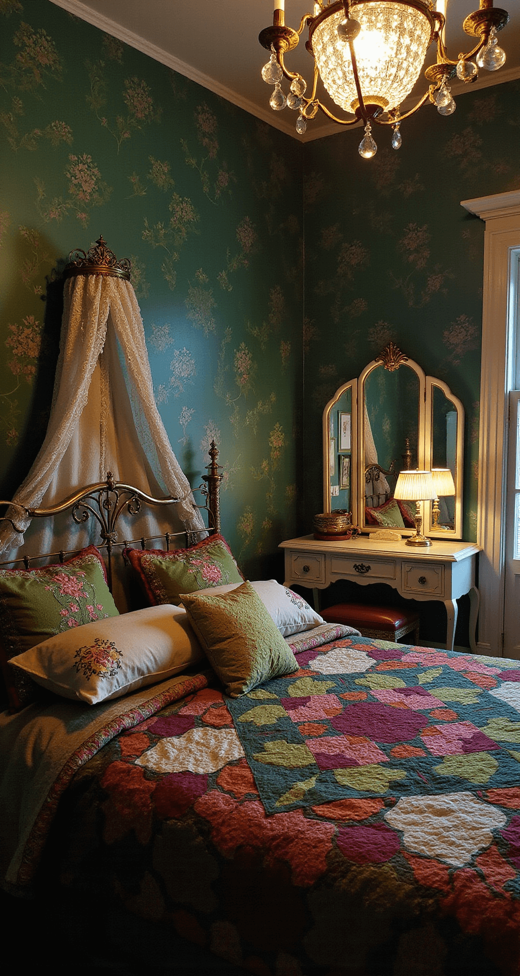 Granny Chic: Bringing Vintage Charm into Modern Homes A cozy bedroom corner features an ornate brass bed with a jewel-toned patchwork quilt, surrounded by emerald green floral wallpaper. A vintage vanity with triple mirrors and an antique lace canopy overlook the scene, illuminated by a crystal chandelier casting prismatic light patterns. The shot is from an elevated perspective, showcasing layered bedding and embroidered pillowcases in moody ambient lighting.