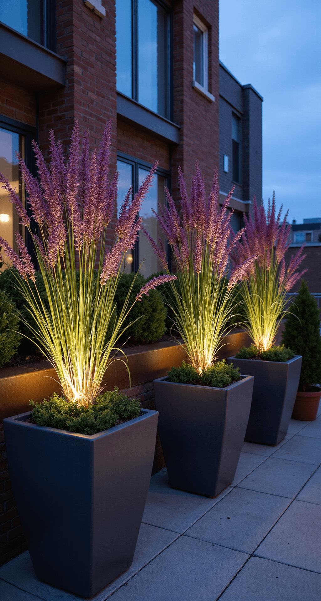 Ornamental Grasses: Transform Your Garden with Texture and Movement Dramatic twilight urban terrace with large charcoal planters featuring fountain grass with purple plumes, illuminated by warm landscape lighting, and accented with copper and brass, captured from above with a long exposure to show movement in the evening breeze.
