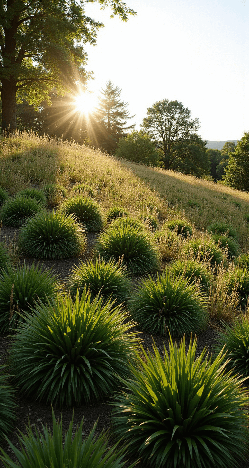 Ornamental Grasses: Transform Your Garden with Texture and Movement Afternoon garden scene on a sloped landscape with rhythmic plantings of fountain grass, highlighted by golden seed heads against deep green foliage. The sun illuminates the scene from behind the camera, captured from the bottom of the slope to emphasize the terrain.