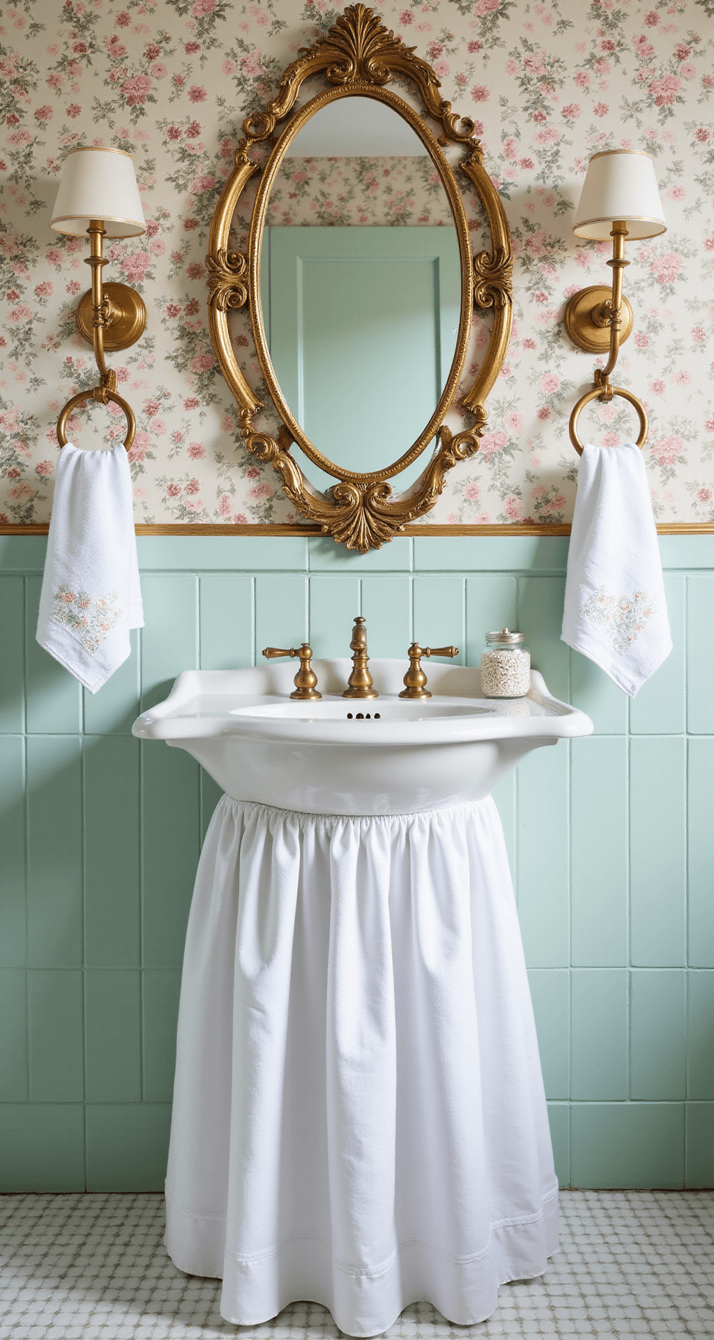 Granny Chic: Bringing Vintage Charm into Modern Homes Bathroom vignette showcasing a skirted pedestal sink in white linen with vintage brass fixtures, mint green subway tiles, floral wallpaper, crystal sconces, and an oval mirror in a gold frame, all captured with symmetrical composition and soft side lighting.