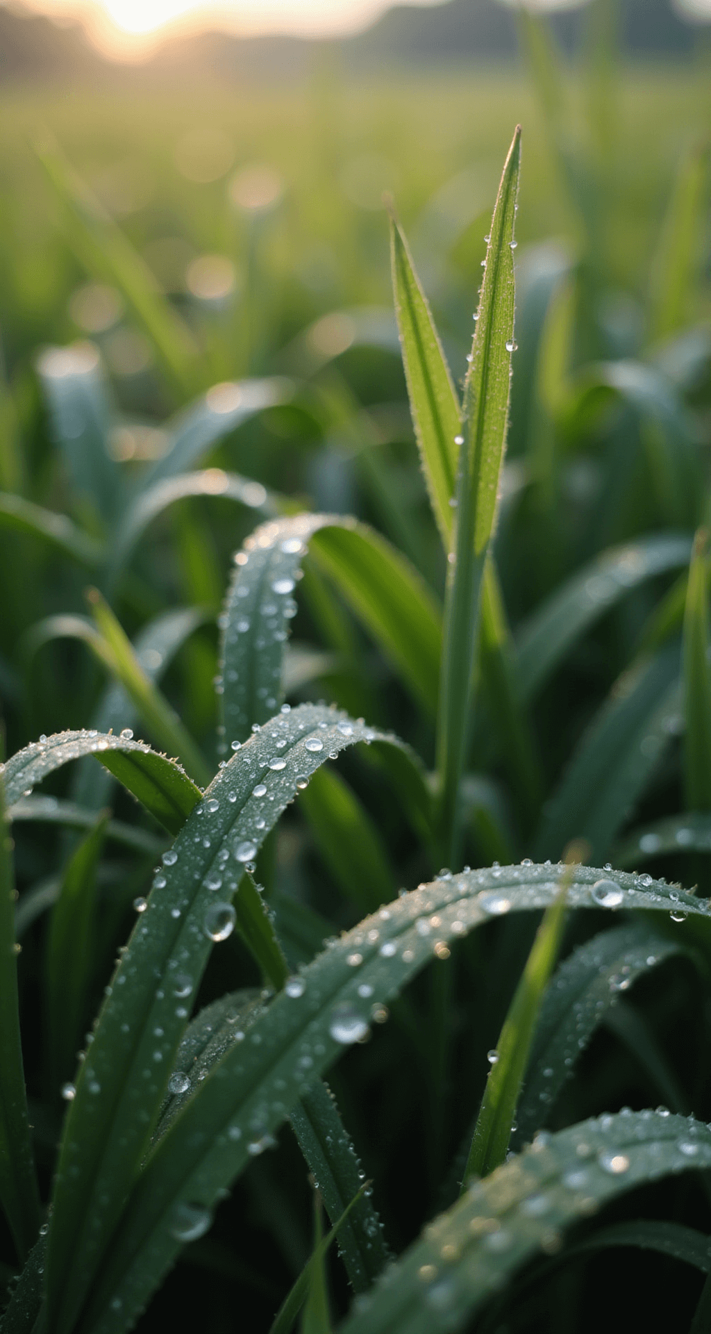 Ornamental Grasses: Transform Your Garden with Texture and Movement Close-up of dew-covered Miscanthus leaves in early morning light, showcasing intricate textures and glistening water droplets, with a softly blurred background of grass layers creating a dreamy bokeh effect.