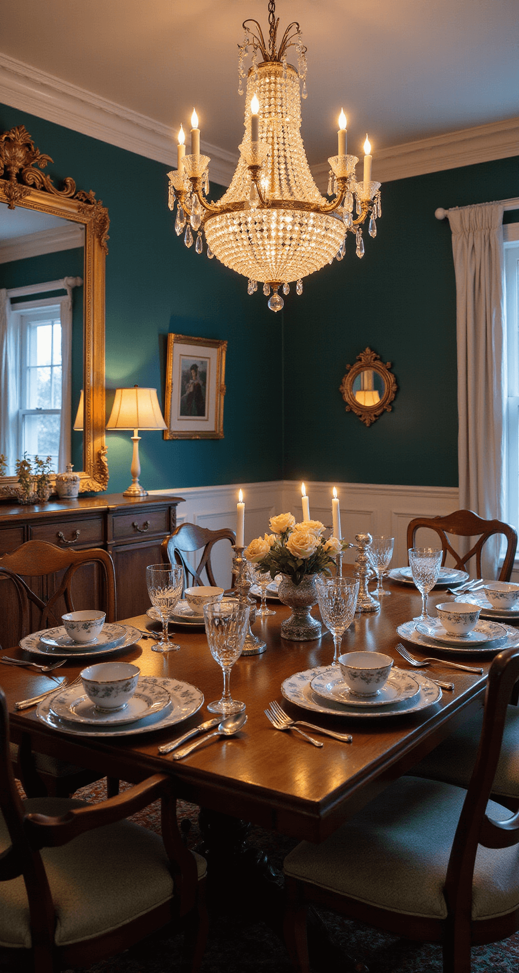 Granny Chic: Bringing Vintage Charm into Modern Homes A twilight dining room featuring a mahogany table set with vintage china and crystal stemware, illuminated by a statement chandelier. Silvered mirrors and gilt frames reflect the warm candlelight against deep teal walls with white wainscoting. The scene is captured from table height, showcasing the full tablescape.