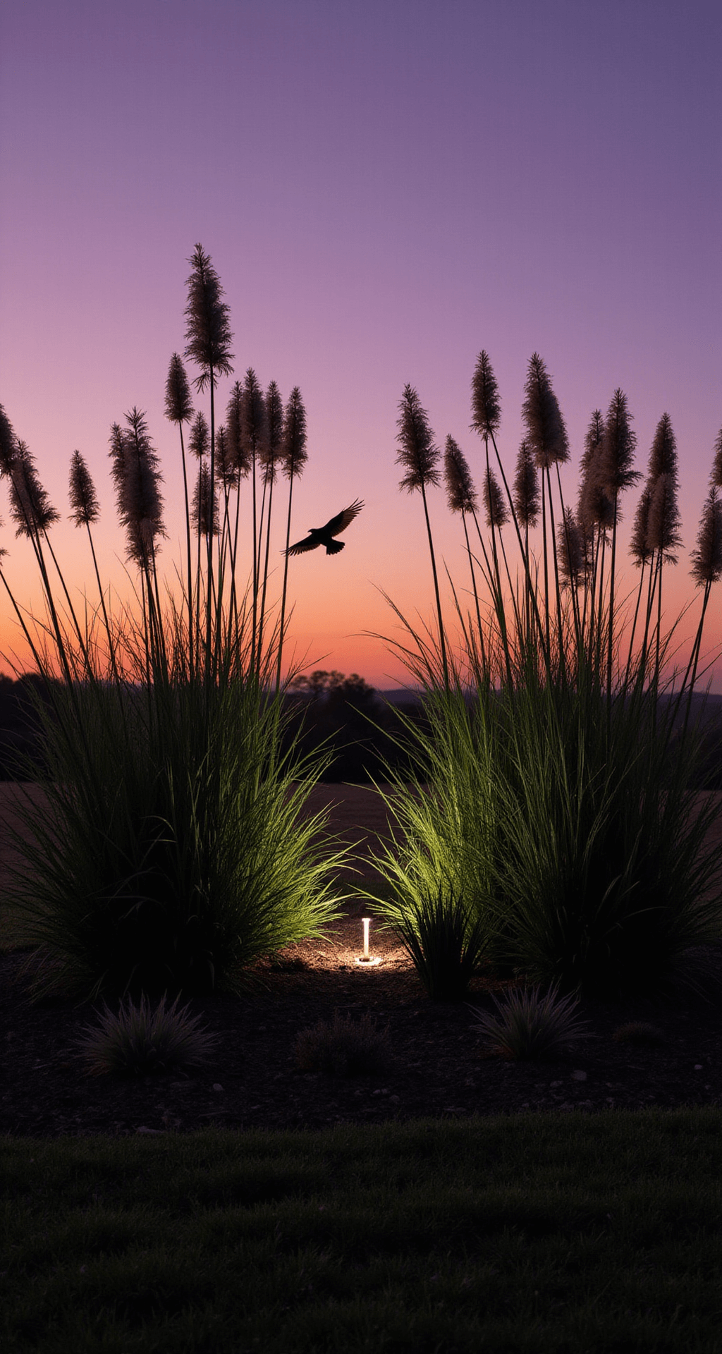 Ornamental Grasses: Transform Your Garden with Texture and Movement Twilight wildlife habitat featuring ornamental grasses in varied heights, with silhouetted birds feeding on seed heads against a purple-orange sky, enhanced by subtle landscape lighting. Long exposure captures the birds' movement while keeping the grass details sharp.