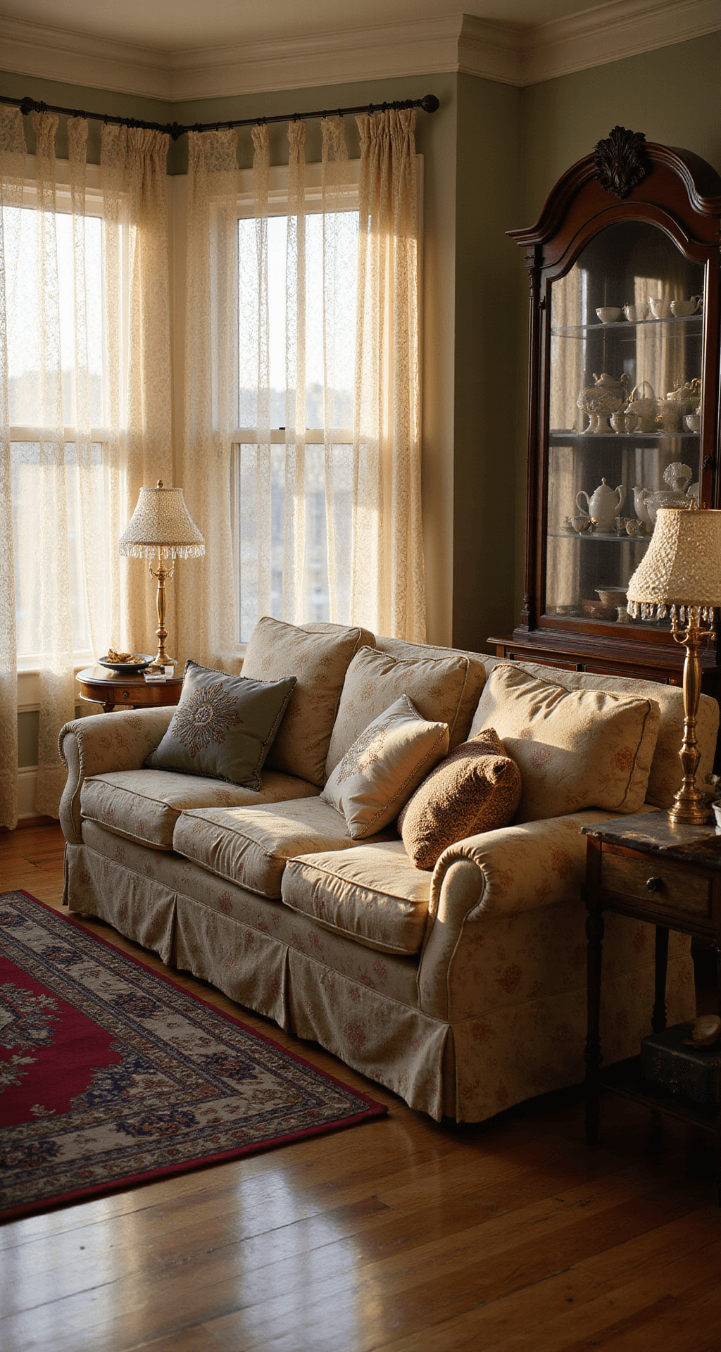 Grandmacore: Turning Your Home into a Cozy Time Capsule of Comfort A sunlit living room featuring a floral chintz sofa with crocheted throws, embroidered cushions, lace curtains, hardwood floors, and a vintage Persian rug, all bathed in warm golden hour light.