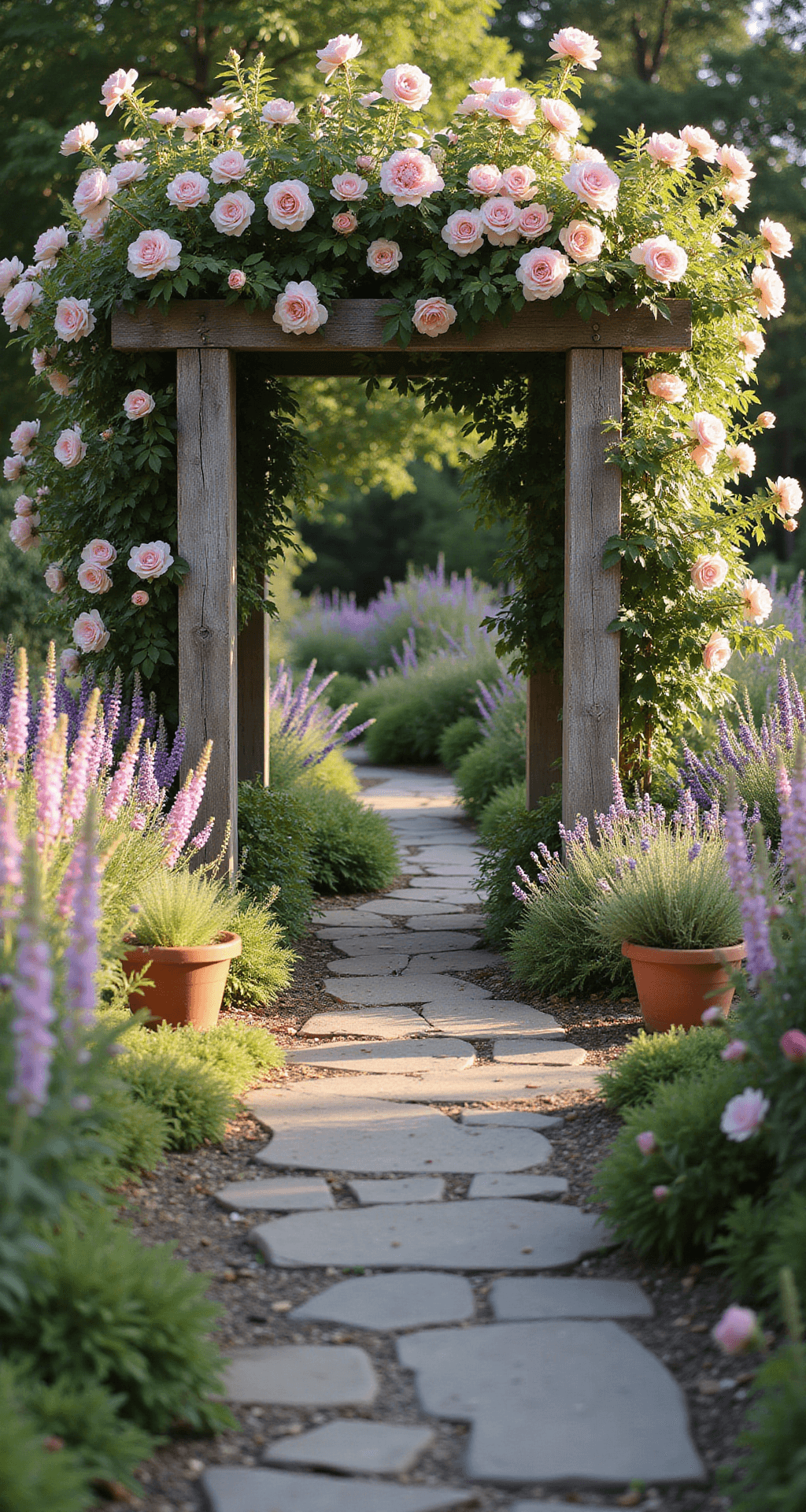 Creating a Dreamy French Cottage Garden: Your Ultimate Guide A sunlit garden filled with blooming lavender and climbing roses, featuring a winding stone pathway, a rustic wooden arch covered in pale pink 'New Dawn' roses, and foreground foxgloves and peonies in soft pastels, all captured in warm golden hour light with a dreamy depth of field.