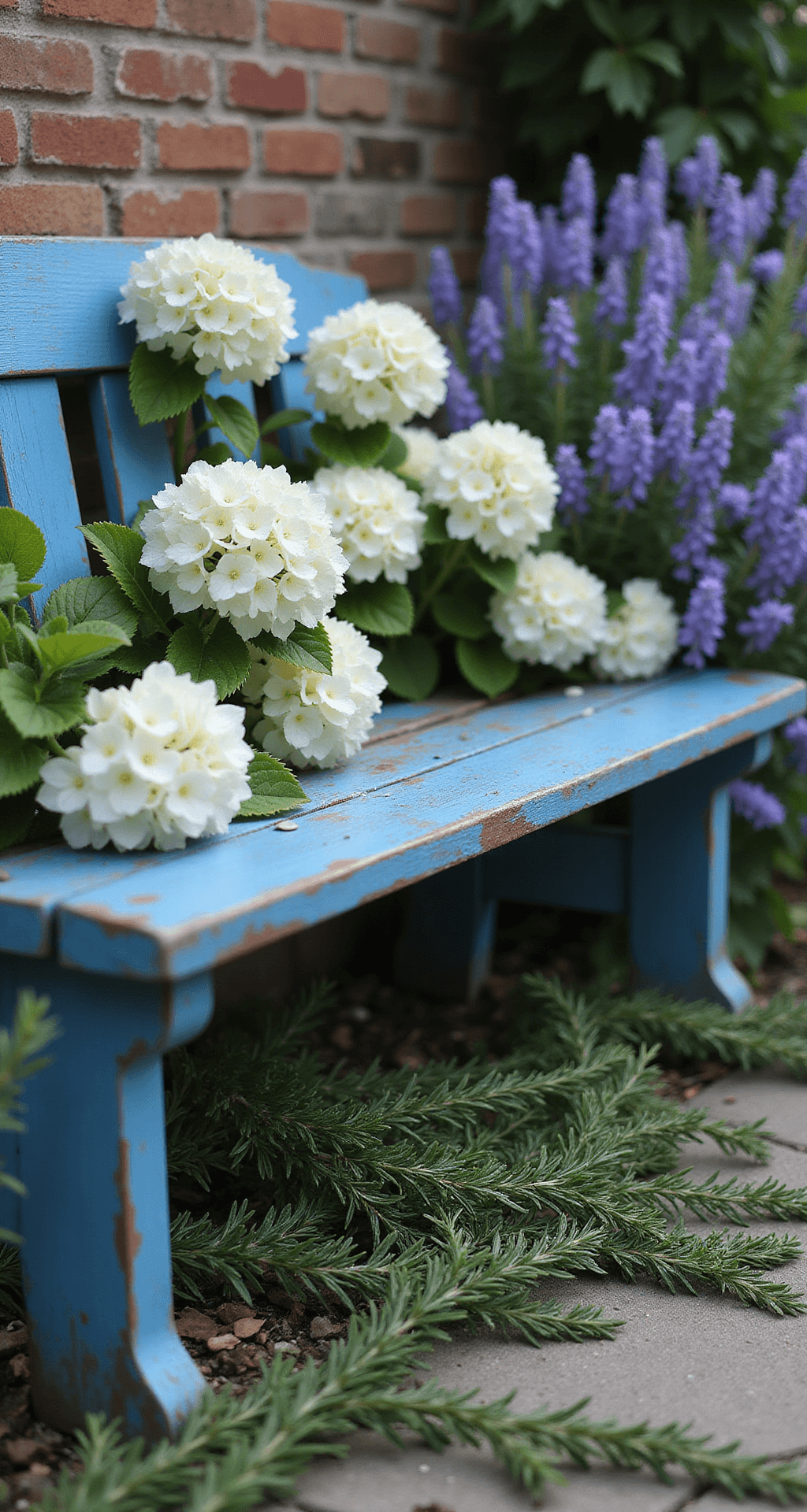 Creating a Dreamy French Cottage Garden: Your Ultimate Guide Intimate garden scene featuring a distressed blue wooden bench by a weathered brick wall, surrounded by white hydrangeas and purple campanula, with dew drops on petals and soft morning mist. Trailing rosemary cascades over antique stone pavers, illuminated by diffused natural light.